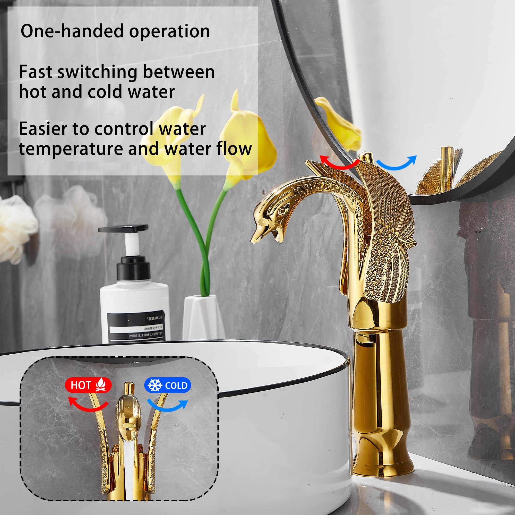 GGStudy Gold Swan Shape Single Handle Deck Mount Bathroom Vessel Sink Faucet - Elegant One Hole Lavatory Faucet for Modern Vanity & Powder Room Decor