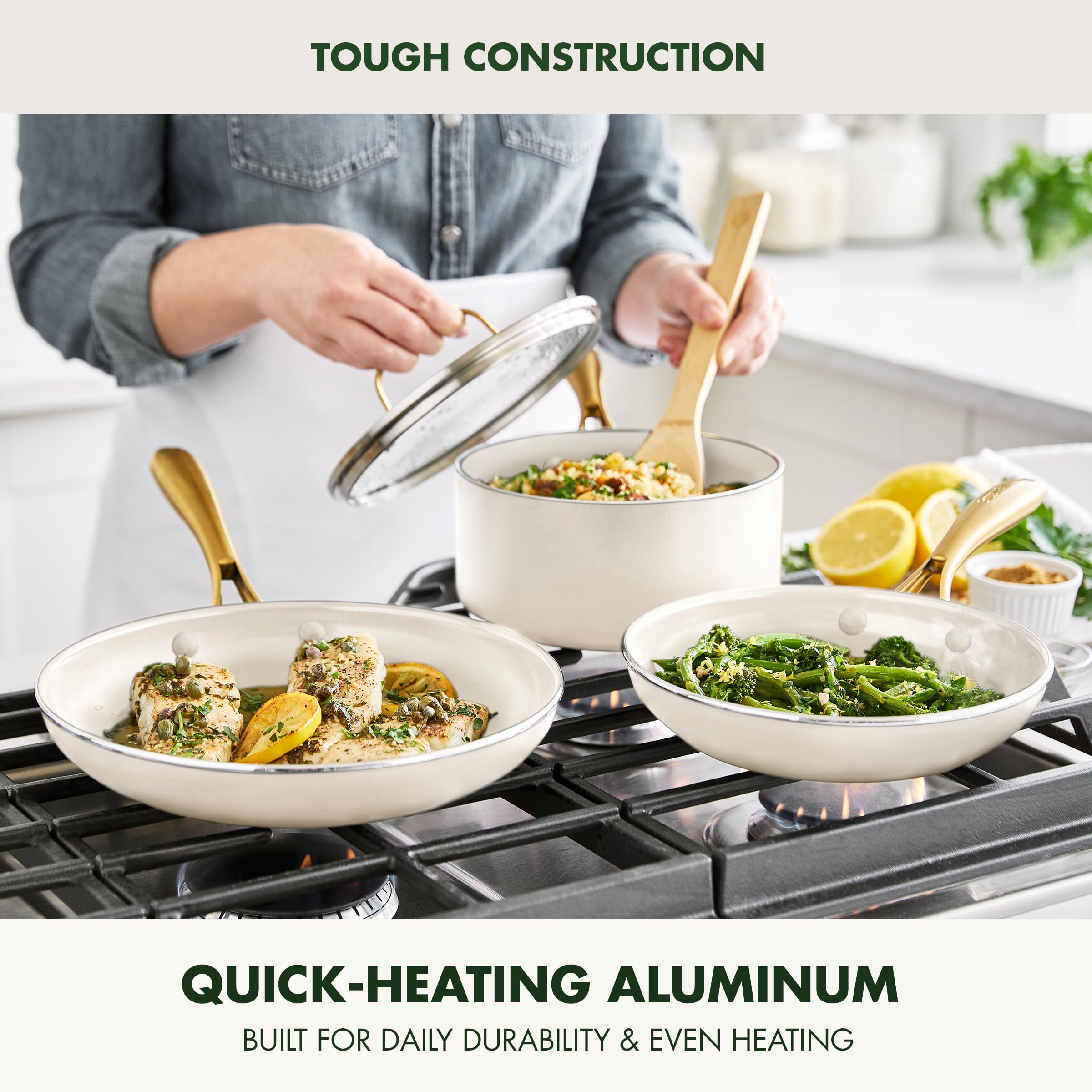 GreenPan Swift 12-Piece Nonstick Cookware Set - PFAS & PFOA-Free Ceramic Coating, Gold Stainless Steel Handles, Oven & Dishwasher Safe - Healthy Kitchen Essentials for Frying, Boiling & Baking (Cream Color)