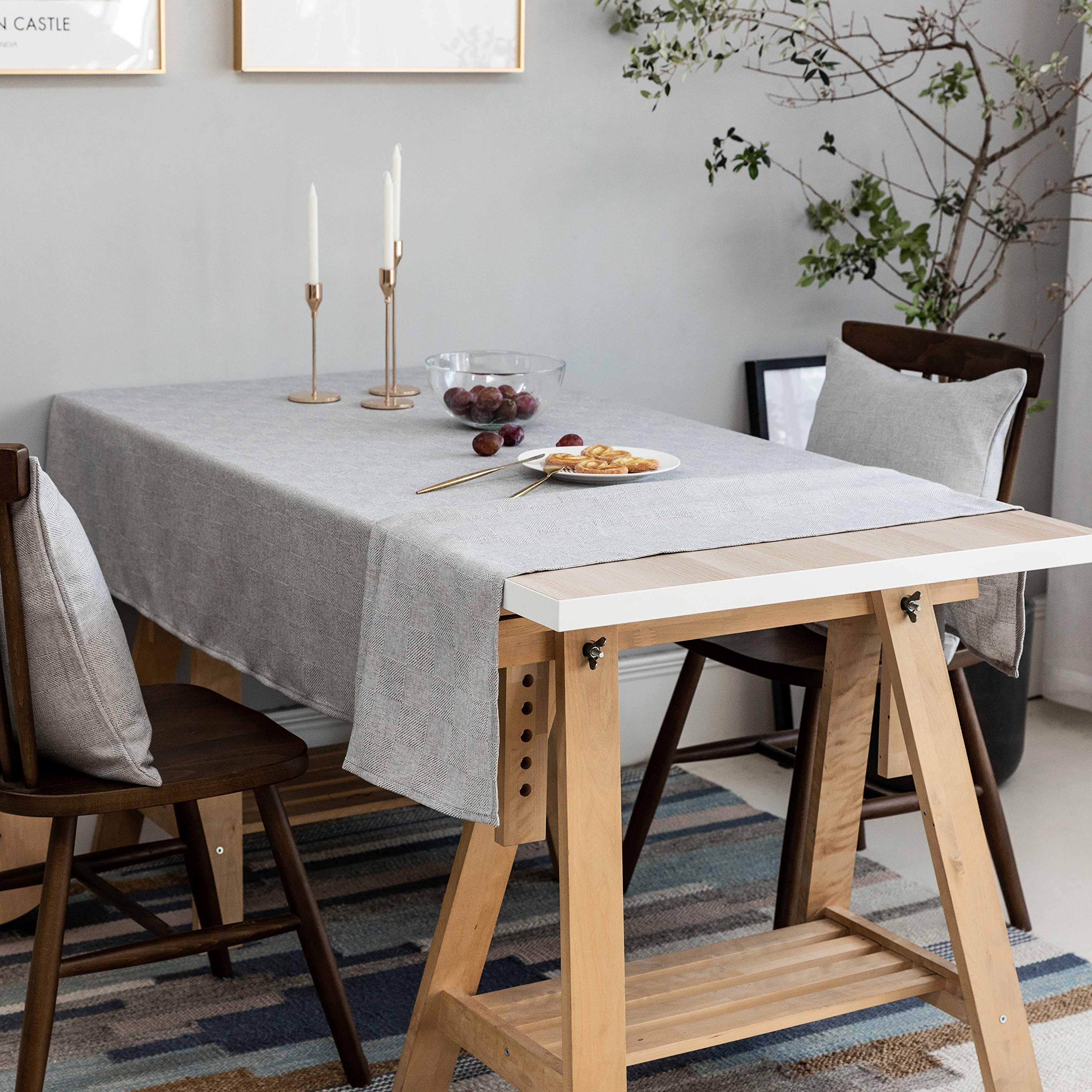 Farmhouse Checkered Tablecloth 52x72 Inch - Light Gray Solid Rectangular Table Cover for Indoor & Outdoor Dining, Parties, Picnics - Washable Cotton Linen Blend for Kitchen, Restaurant, and Event Decor