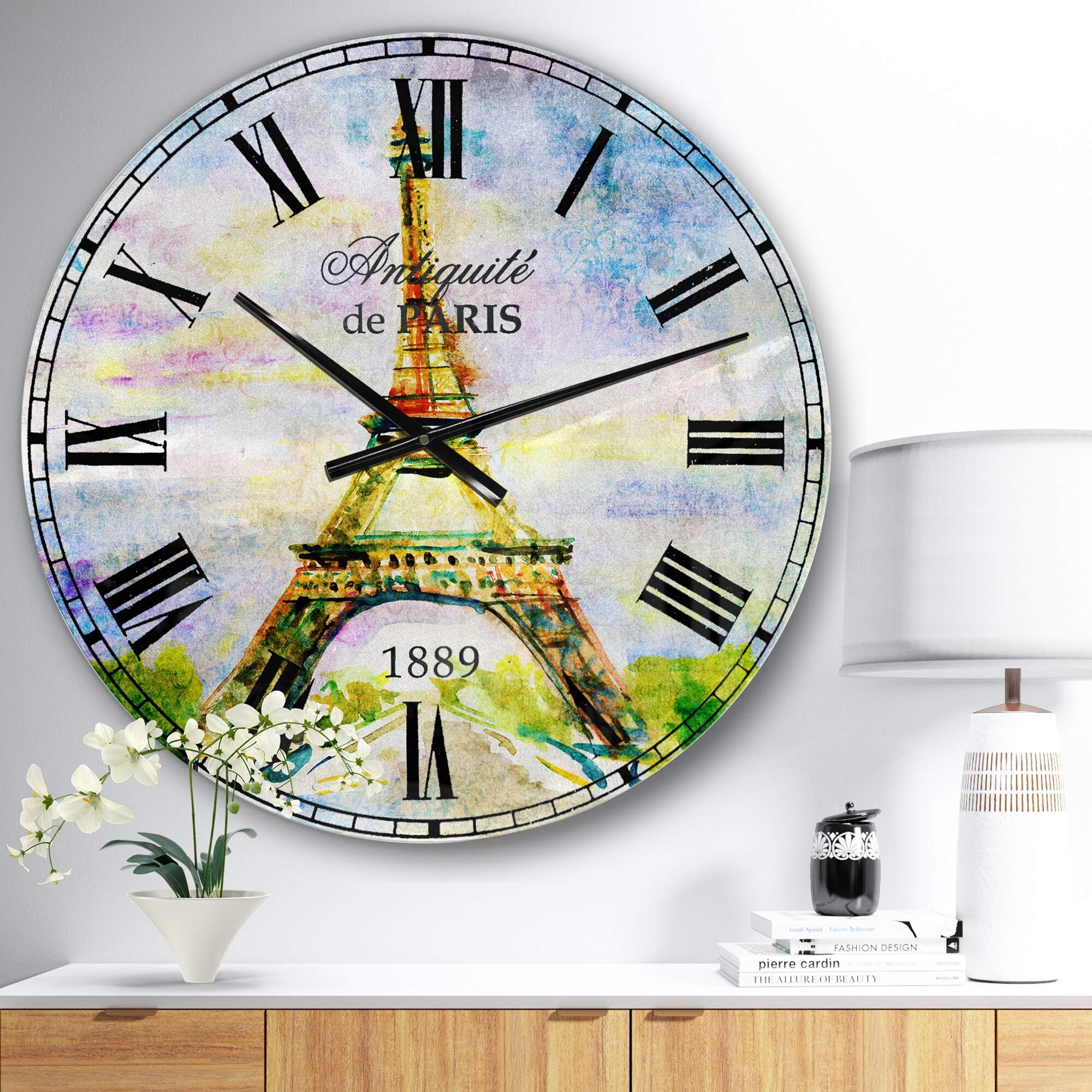 DesignArt 'Paris Eiffel Tower Against Blue Sky' Watercolor Wall Clock - 23 x 23 Inches - Elegant Home & Office Décor - Perfect for Living Room, Bedroom, Kitchen Decor