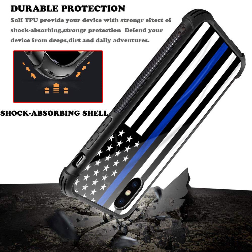 American Flag iPhone Xs Max Case - Blue Line Design with Tempered Glass Back & Soft Silicone TPU Shock Protection | Durable Cover for Everyday Use, Travel & Outdoor Activities