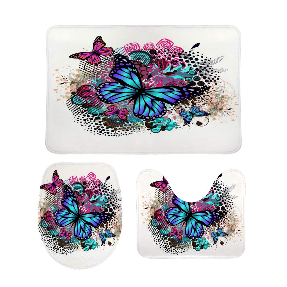 3-Piece Non-Slip Bathroom Rug Set - Soft Coral Fleece Contour Toilet Mat, Shower Mat & Lid Cover with Floral Butterfly Design | Perfect for Bathroom Decor, Home Upgrade & Gift Giving
