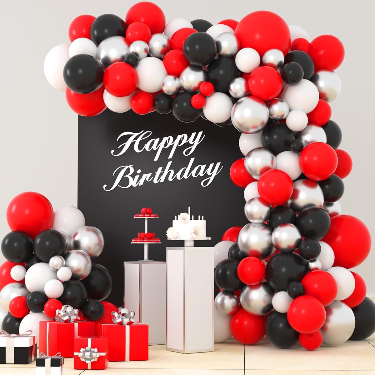 Red Black White Silver Balloon Garland Arch Kit - 50pcs Latex Balloons for Poker Theme, Birthday, Wedding, Graduation Party Decorations | Perfect for Casino Nights, Class of 2025 Celebrations & Retirement Parties