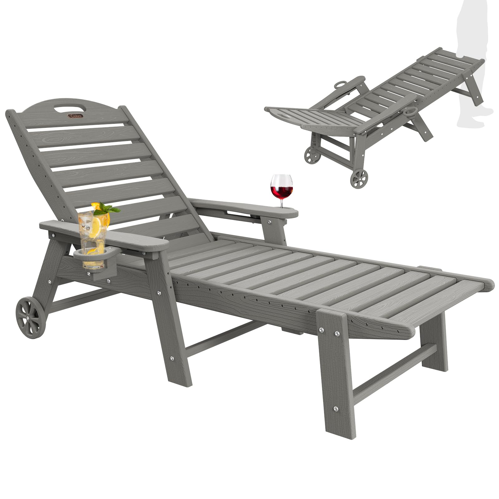 Adjustable 5-Position Outdoor Chaise Lounge Chair with Wheels & Double Cup Holders - Wood Texture Patio Poolside Lounger for Backyard, Deck, Beach - Grey | Perfect for Sunbathing, Relaxing by the Pool or Garden