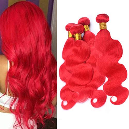 Zara Hair Bright Red Body Wave Human Hair Extensions - 4 Bundles (16 18 20 22 Inch) 400g Pure Color Red Virgin Peruvian Wavy Hair Weave - 100g/Bundle for Stunning Length & Volume | Perfect for Parties, Weddings & Daily Styling