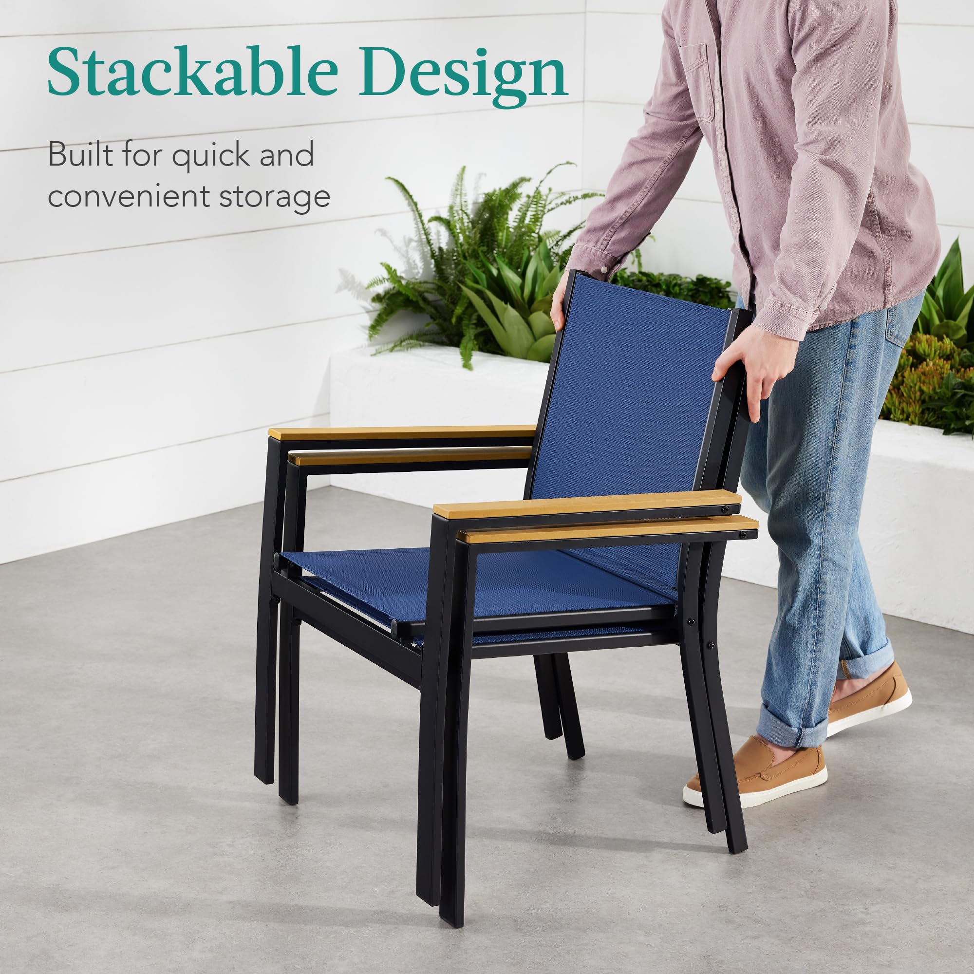 Best Choice Products Set of 2 Stackable Textilene Outdoor Chairs - All-Weather Patio Furniture with Armrests for Dining, Conversation & Relaxation - Black/Navy - Perfect for Backyard, Poolside & Garden Use