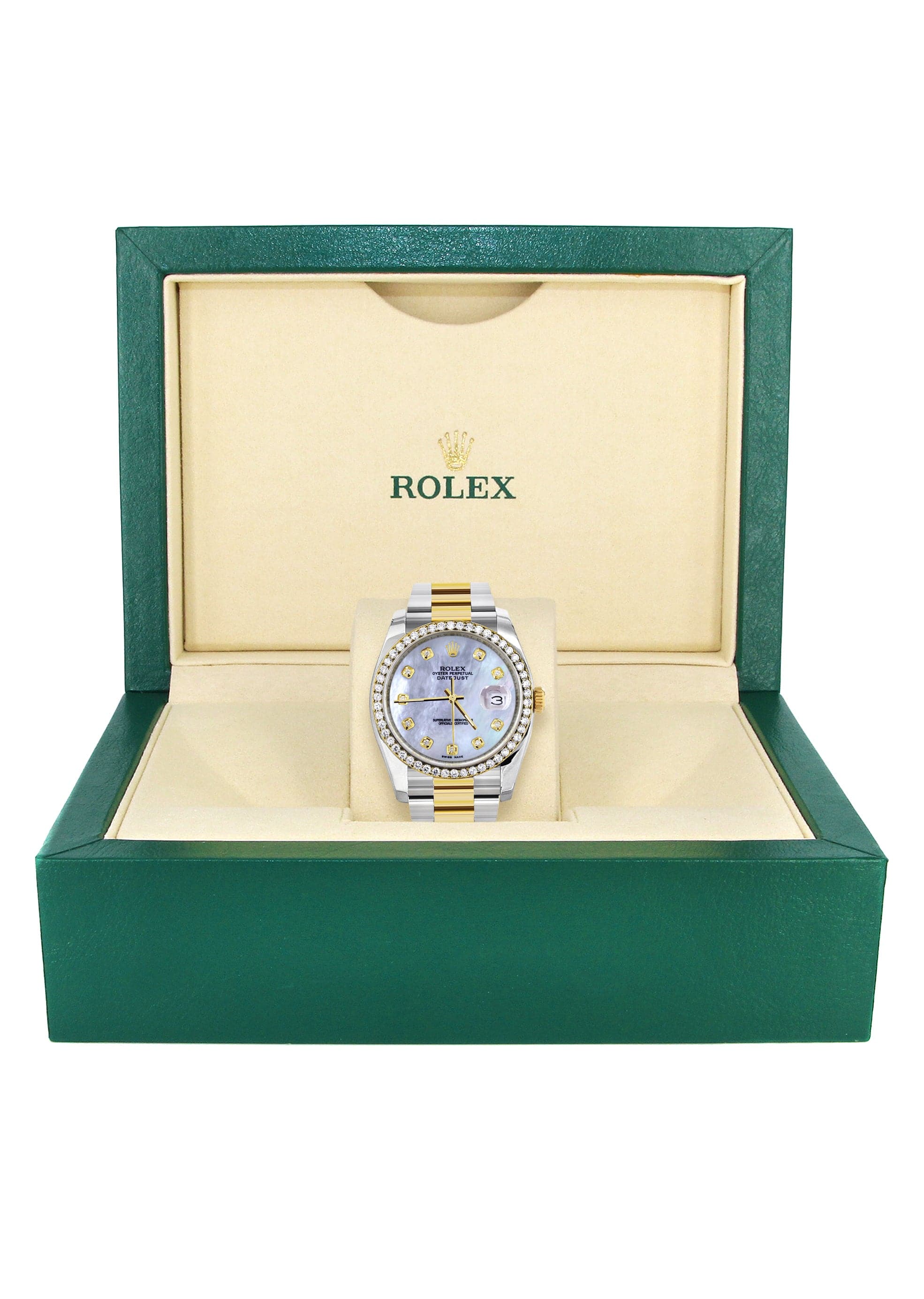 Luxury Diamond Gold Rolex Watch for Men - 36mm Mother of Pearl Dial, Oyster Band - Perfect for Business, Formal Events & Special Occasions