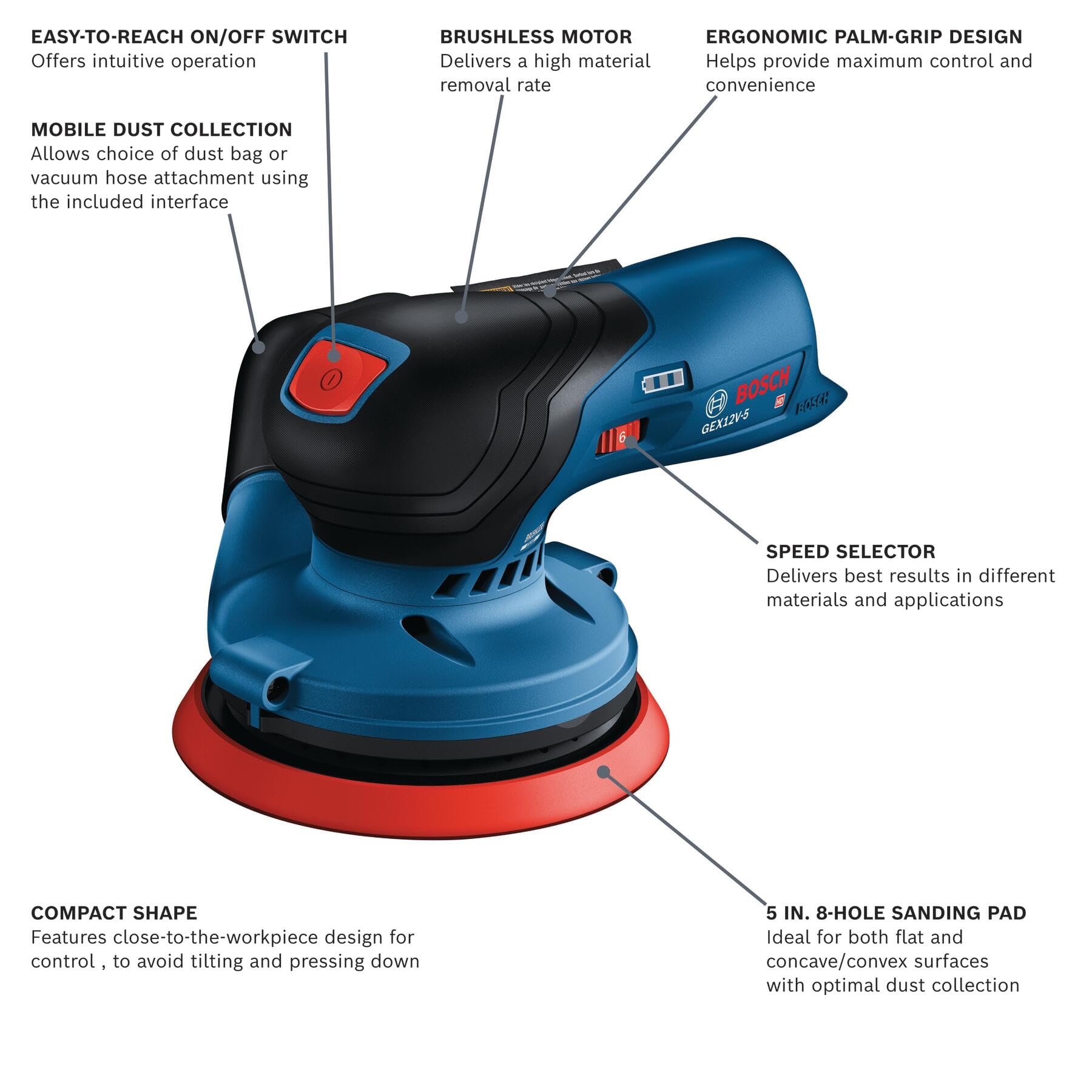 BOSCH GEX12V-5N 12V Max Brushless 5-Inch Random Orbit Sander - Ergonomic Palm Grip, Dust Collection System, Variable Speed Control, Soft-Start Technology (Bare Tool) - Perfect for Woodworking, Sanding Floors, Furniture Refinishing & DIY Projects