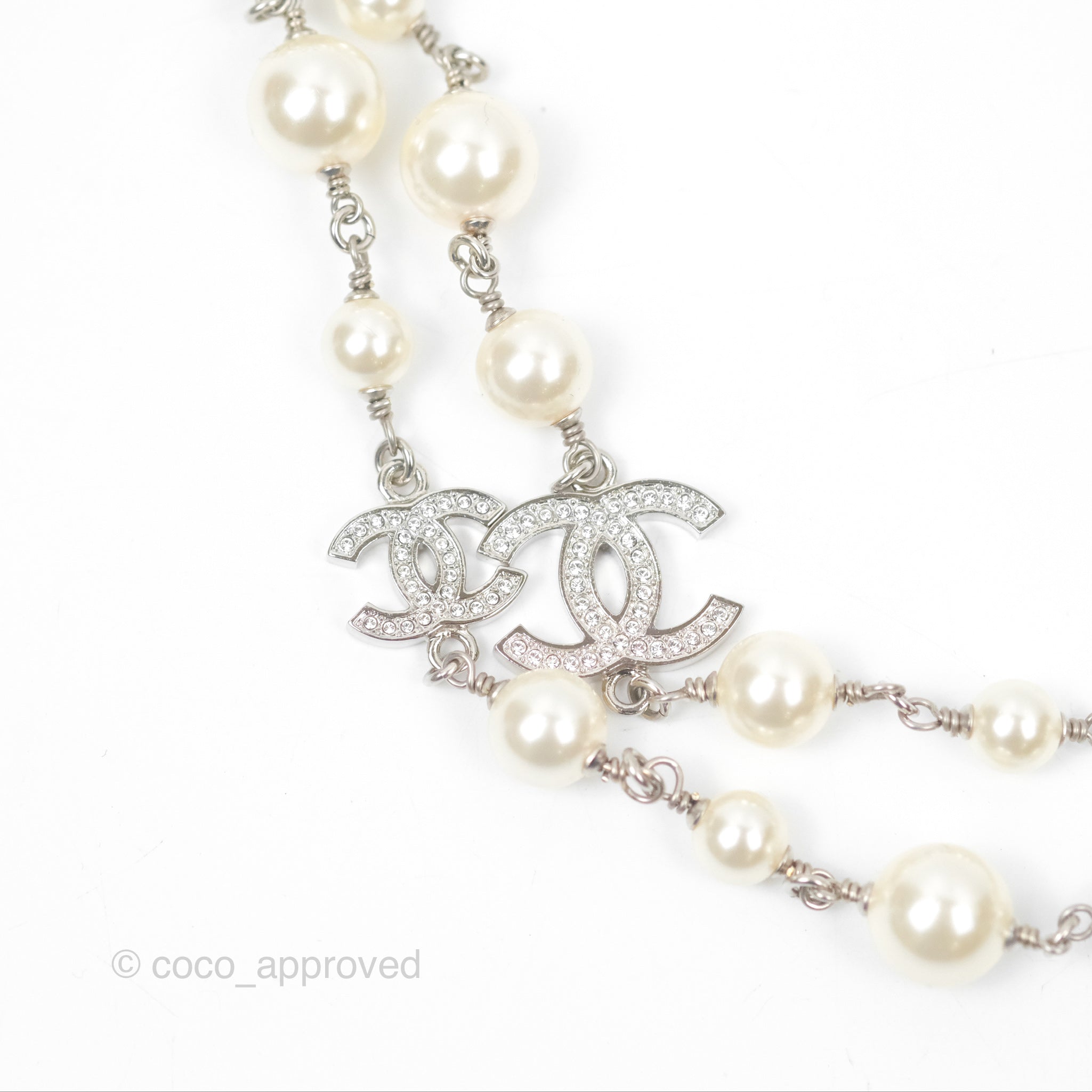 Chanel CC Crystal Pearl Long Necklace Silver Tone 23V - Elegant Statement Jewelry for Women, Perfect for Parties, Weddings & Special Occasions
