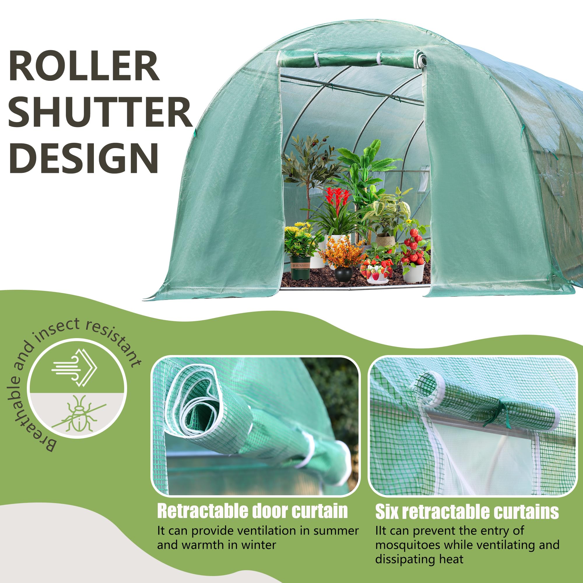 15x7x7FT Portable Greenhouse Tunnel with Sturdy Metal Frame & PE Cover - 6 Retractable Curtains, Double Zippers for Flowers, Plants & Vegetables | Perfect for Backyard Gardening, Urban Farming & Year-Round Plant Protection (Green)