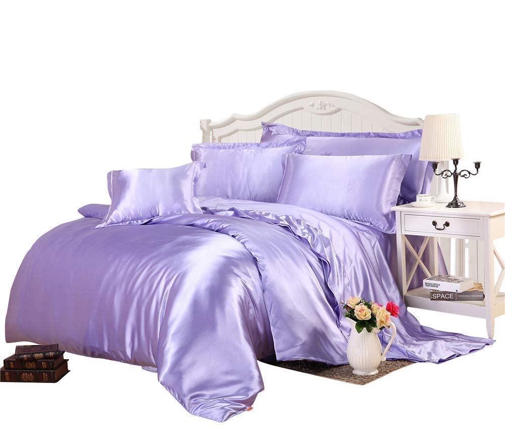 Soft Luxurious Silk-Like Satin 10-Piece Comforter Set - Olympic Queen Size Bedding with Duvet Cover, Flat Sheet, Fitted Sheet & 6 Pillowcases - Durable & Comfortable Lilac Bed Set for Master Bedroom, Guest Room or Luxury Hotel