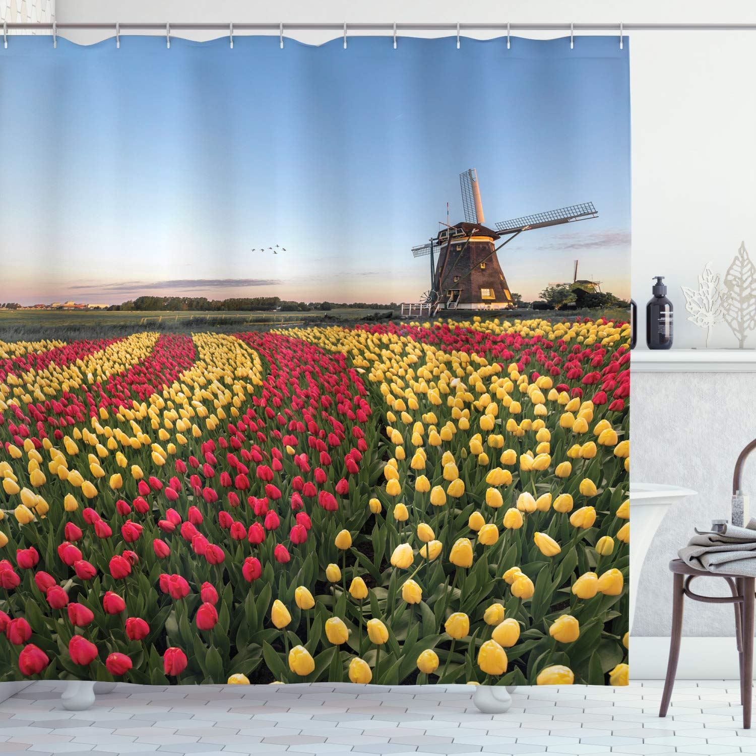 Ambesonne Amsterdam Tulip Windmill Shower Curtain - Spring Floral Bathroom Decor with Hooks, 69x70 Inch Waterproof Fabric for Home & Hotel Use