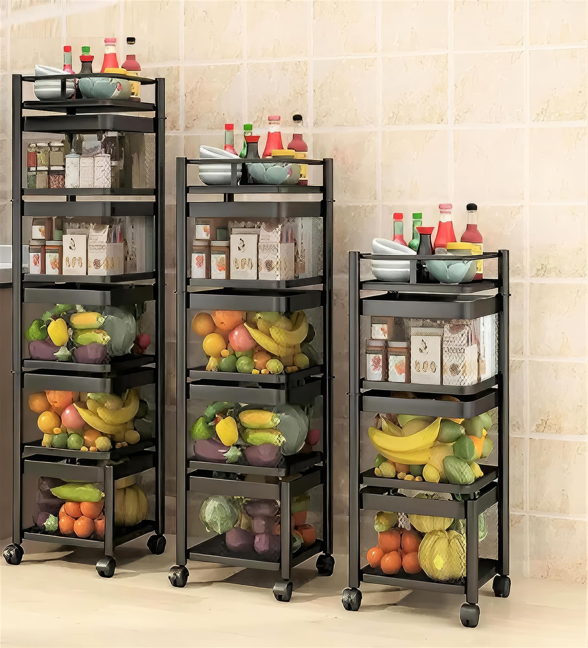 KWER 3-Tier Metal Kitchen Cart with Square Onion Baskets - Black Rolling Storage Organizer for Vegetables, Fruits & Kitchen Accessories | Perfect for Small Spaces, Pantry Organization & Mobile Cooking Stations