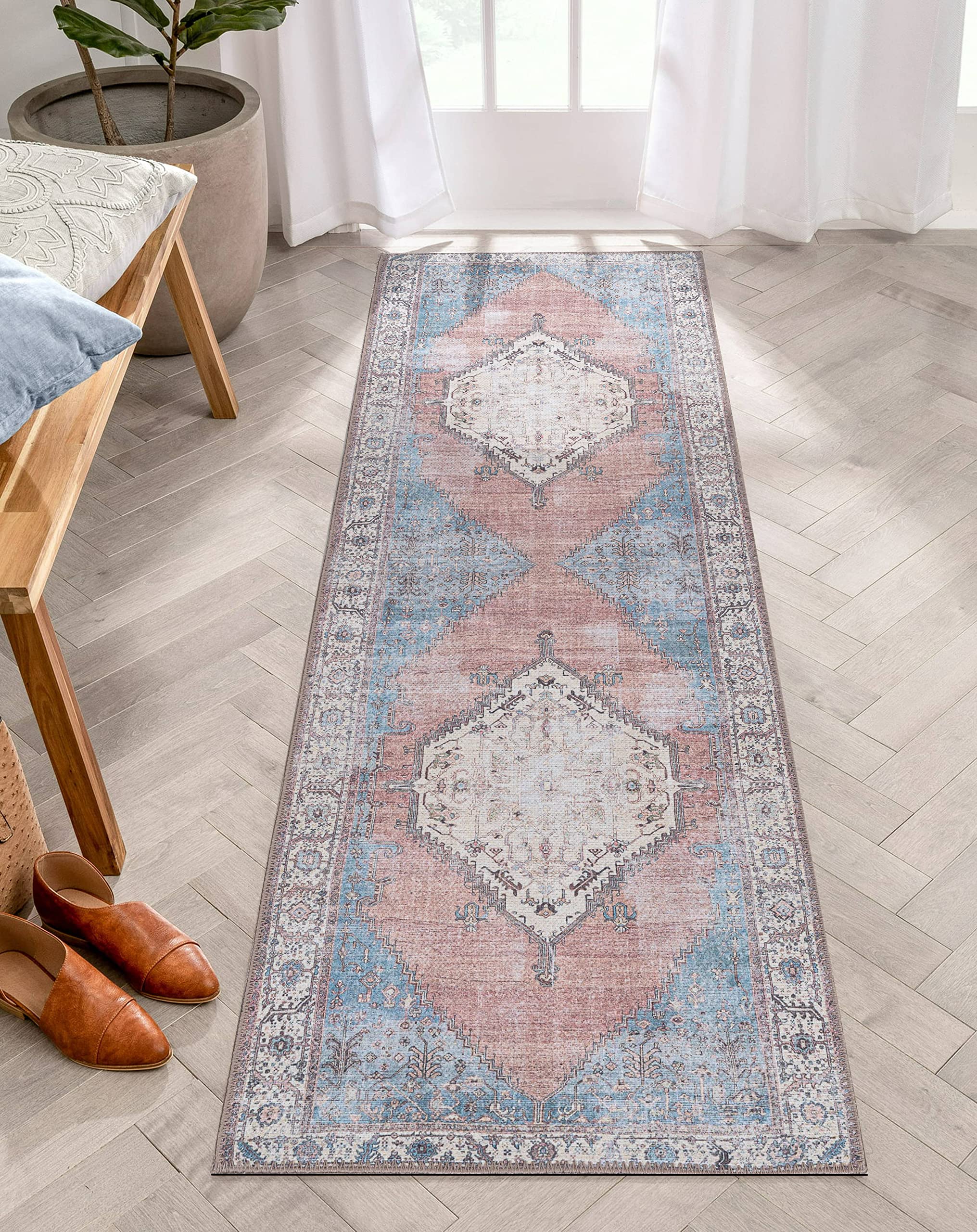 Machine Washable Area Rug - Adiva Rugs Vintage Persian Print for Living Room, Bedroom, Bathroom & Kitchen - Non-Slip Floor Carpet Mat (2'6