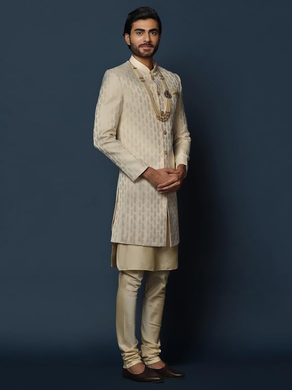 KISAH Men's Indo Western Sherwani Set - Cream Cotton Blend Ethnic Wear | Traditional Indian Wedding Outfit for Groom & Groomsmen | Perfect for Weddings, Festivals & Cultural Events