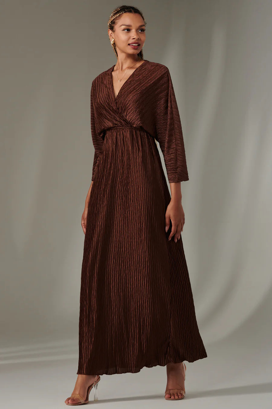 Elegant Chocolate Brown Ruffle Hem Chiffon Maxi Dress for Women - Perfect for Weddings, Parties & Special Occasions