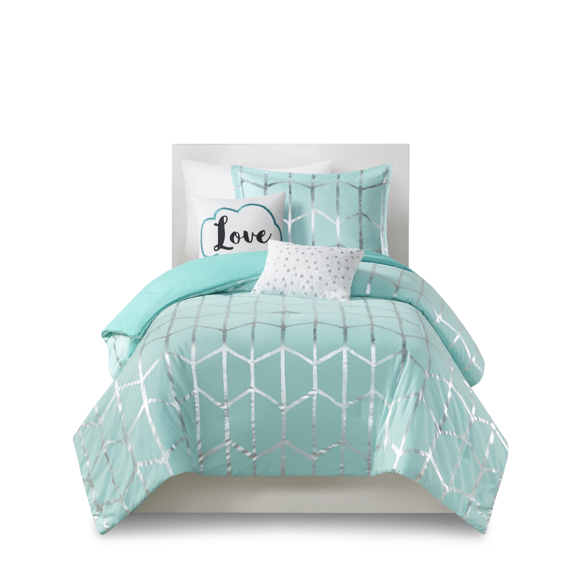 **Raina Twin/Twin XL Comforter Set - Soft Microfiber Geometric Bedding, Modern Metallic Design, 4-Piece College Dorm Set with 1 Sham & 2 Toss Pillows (Aqua) - Perfect for Teens, Kids Rooms & Dorm Decor**