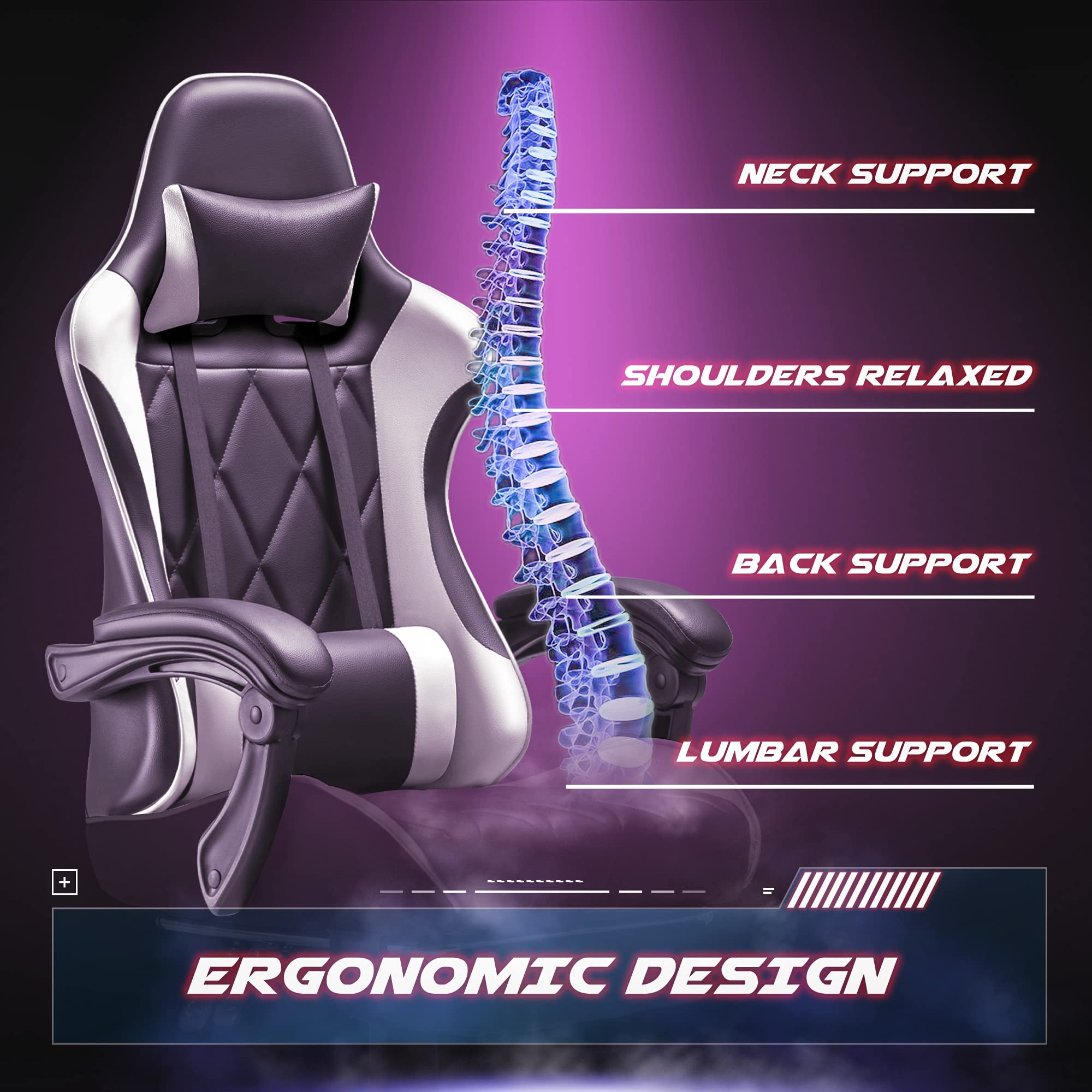 Homall Ergonomic Gaming Chair with Footrest & Lumbar Support - High Back Computer Chair with Swivel Seat & Headrest for PC Gamers - Perfect for Office, Streaming & Esports (White)