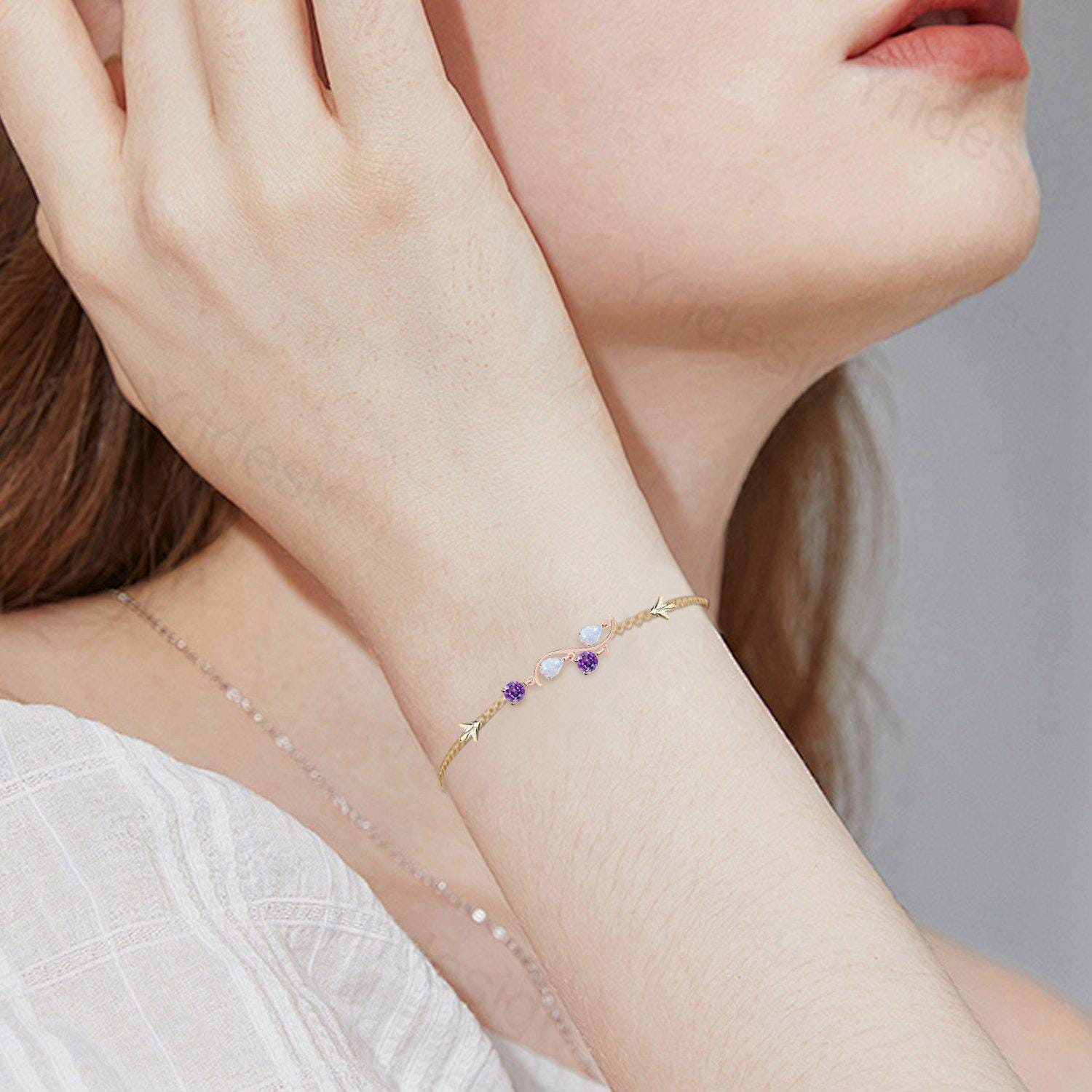Elegant Minimalist Pear Shaped White Opal Bracelet with Fire Opal & Amethyst - Silver & Rose Gold Lobster Claw Closure - Art Deco Anniversary Gift for Women - Perfect for Weddings, Date Nights & Special Occasions