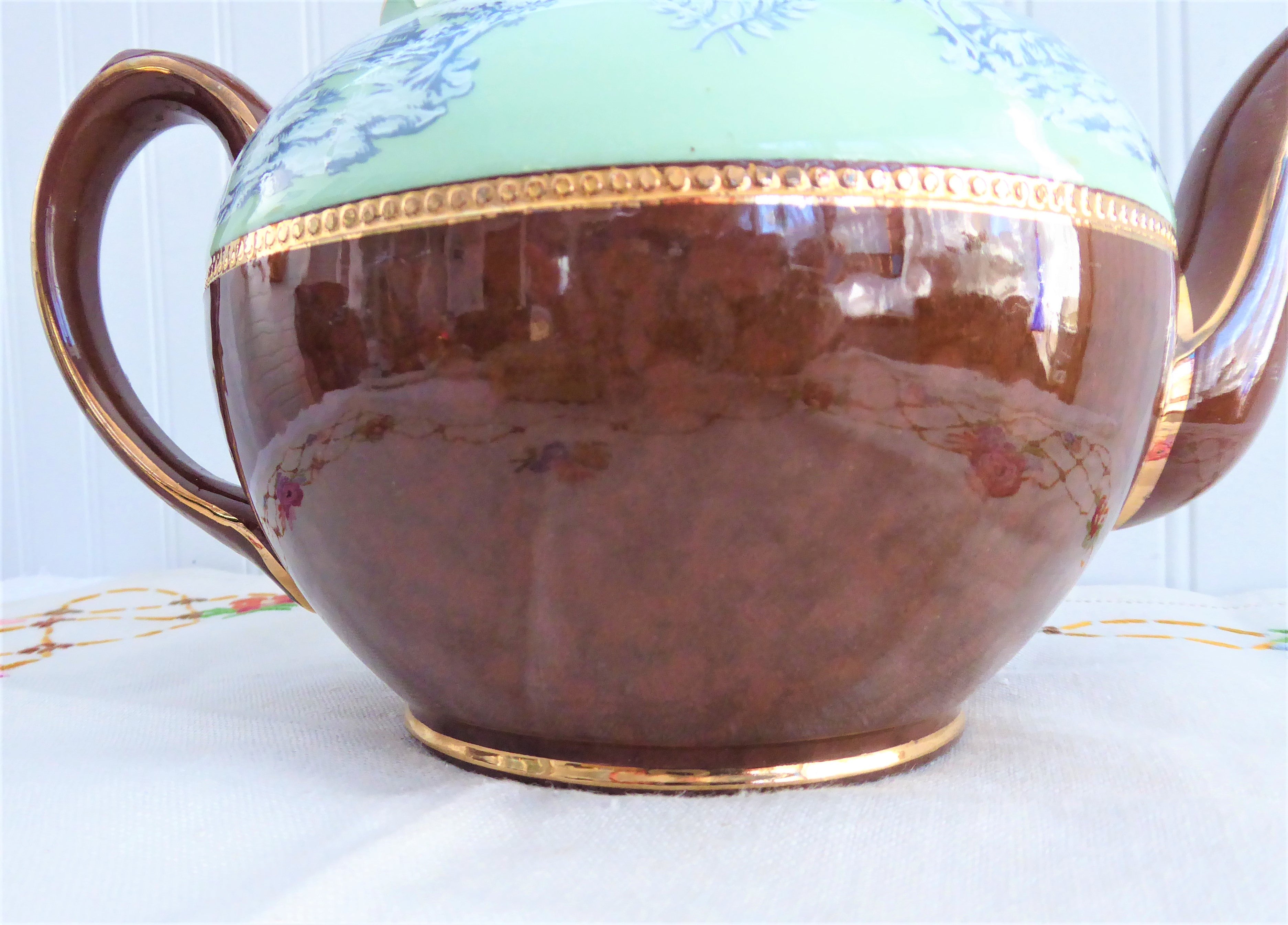 Vintage Sadler Fancy Brown Betty Teapot with Green Toile Band - 6 Cup Capacity, Greek Scene Design, Made in England 1960s - Perfect for Afternoon Tea, Collectible Ceramic Teapot for Tea Lovers