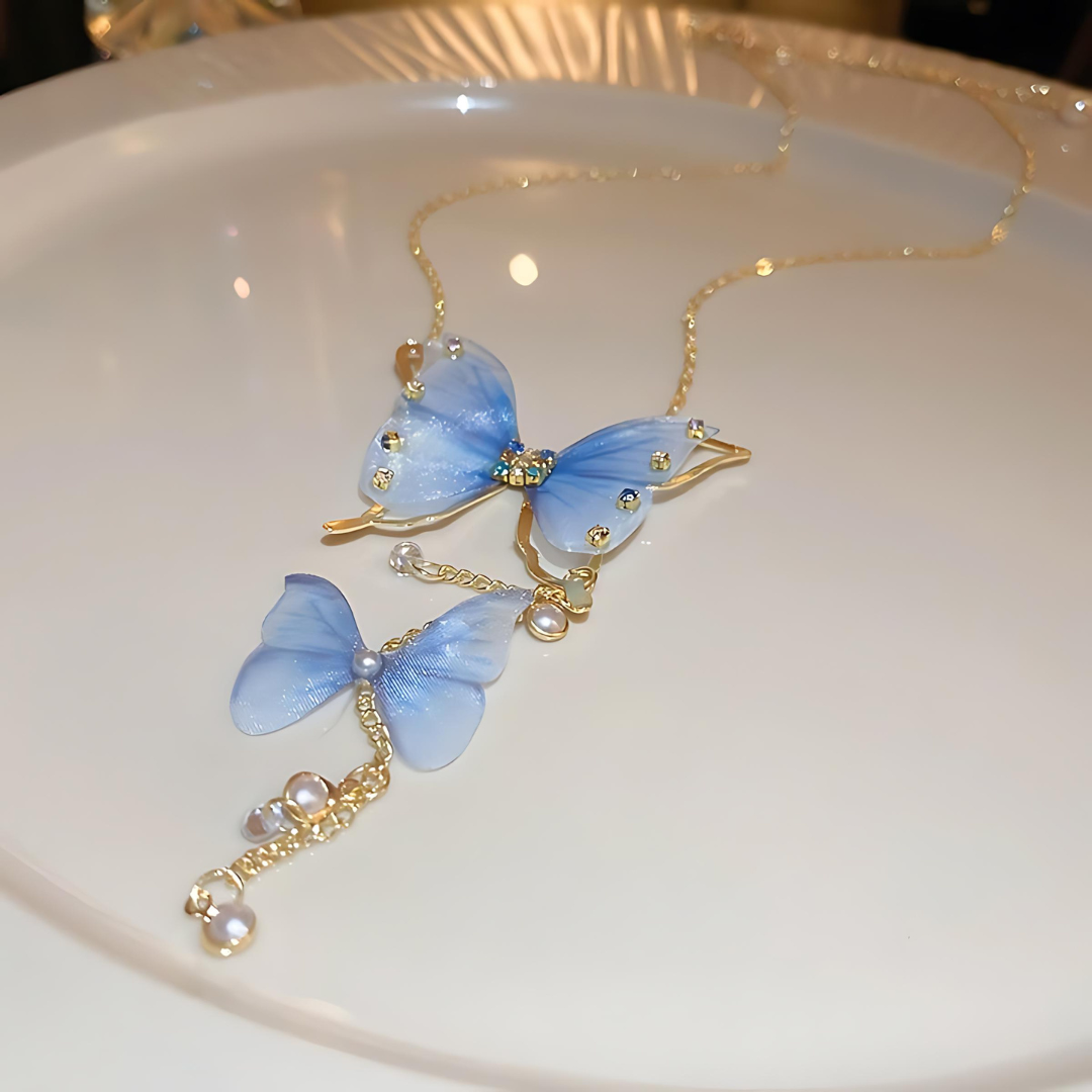 Elegant Pink Butterfly Tassel Lariat Y Necklace with Pearl Accents | Dainty Boho Jewelry for Women | Perfect for Parties, Weddings & Date Nights | HN3246