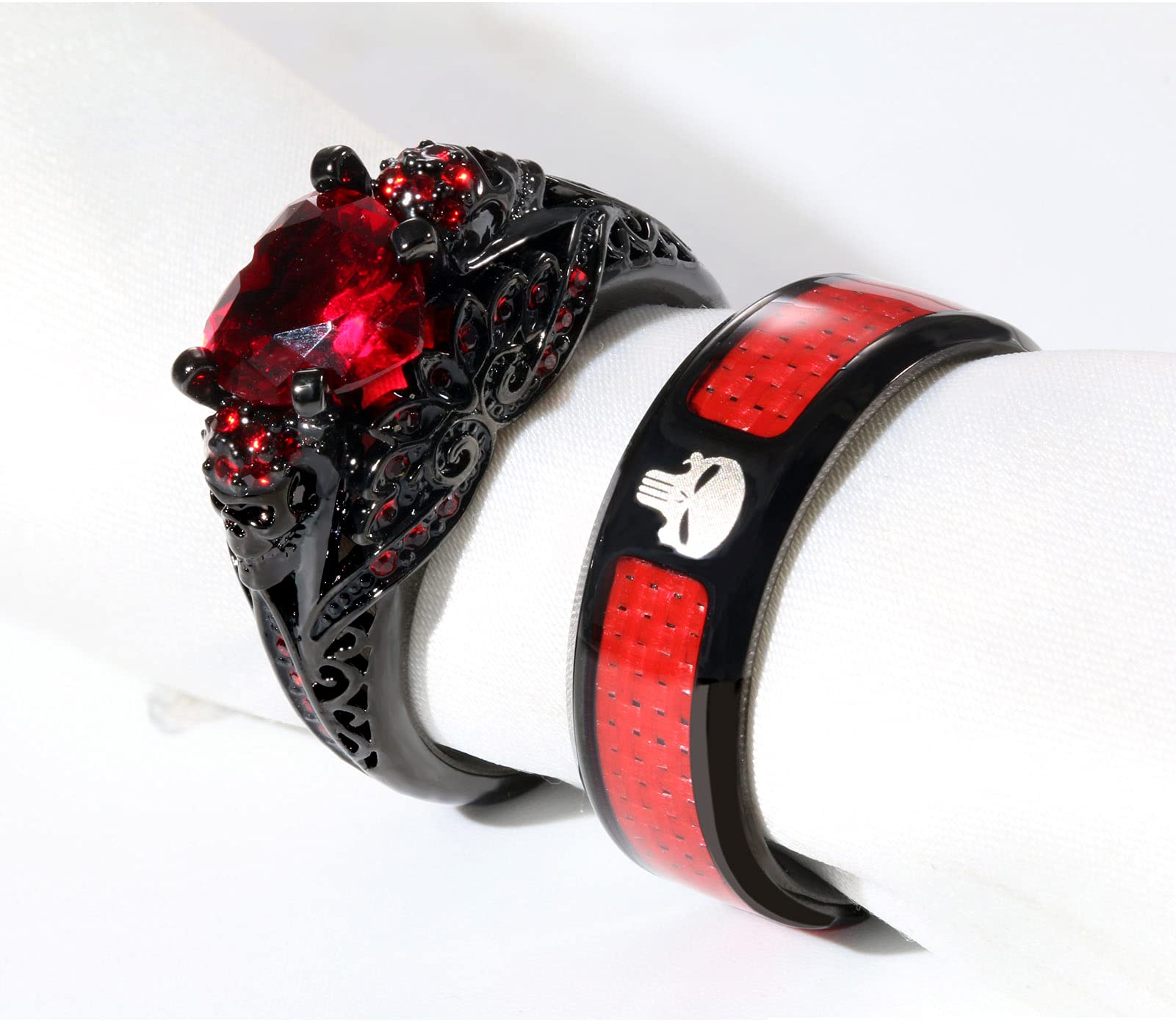 His and Hers Skull Couple Rings - Punk Skeleton Black Titanium Steel Wedding Bands with Heart Red CZ for Men & Women | Gothic Jewelry, Anniversary Gift, Alternative Wedding Ring Set