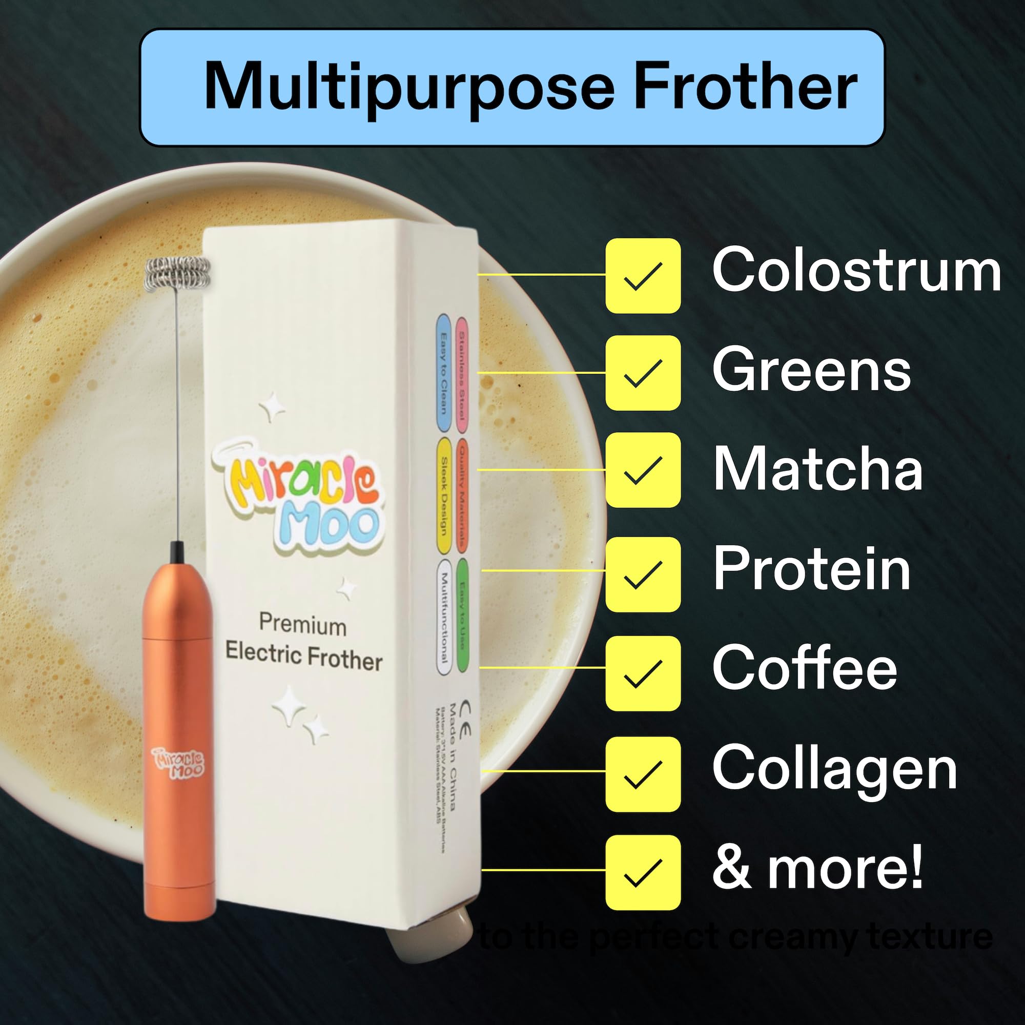 Electric Milk Frother Handheld - Stainless Steel Battery Operated Whisk for Coffee, Latte, Cappuccino, Matcha, Protein Shakes & More - Perfect for Home, Office & Coffee Shops