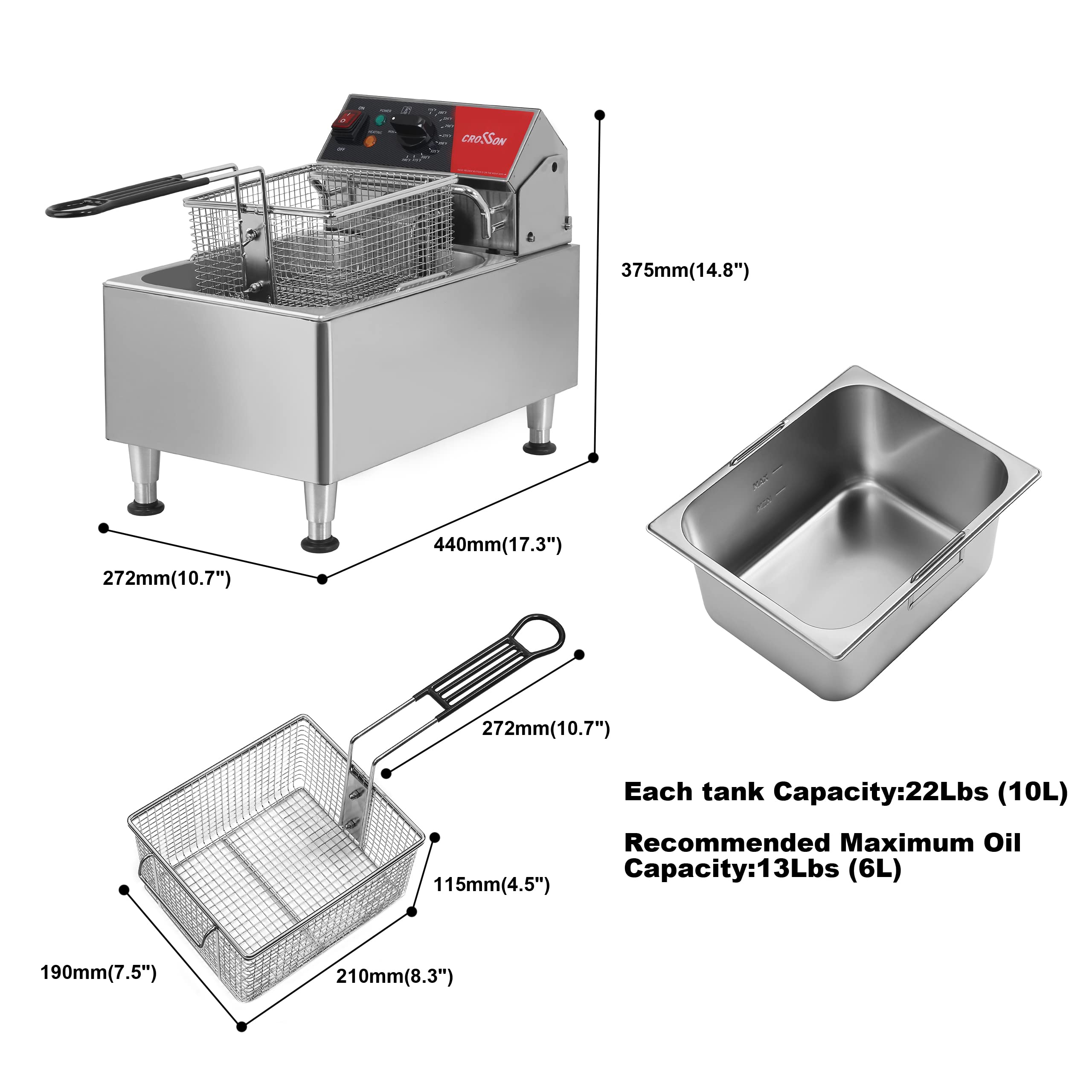 Commercial Electric Deep Fryer 13Lbs 1800W with Removable Oil Container & Easy-Assemble Basket - ETL Listed 120V Countertop Deep Fryer for Restaurant, Home Kitchen & Catering Events