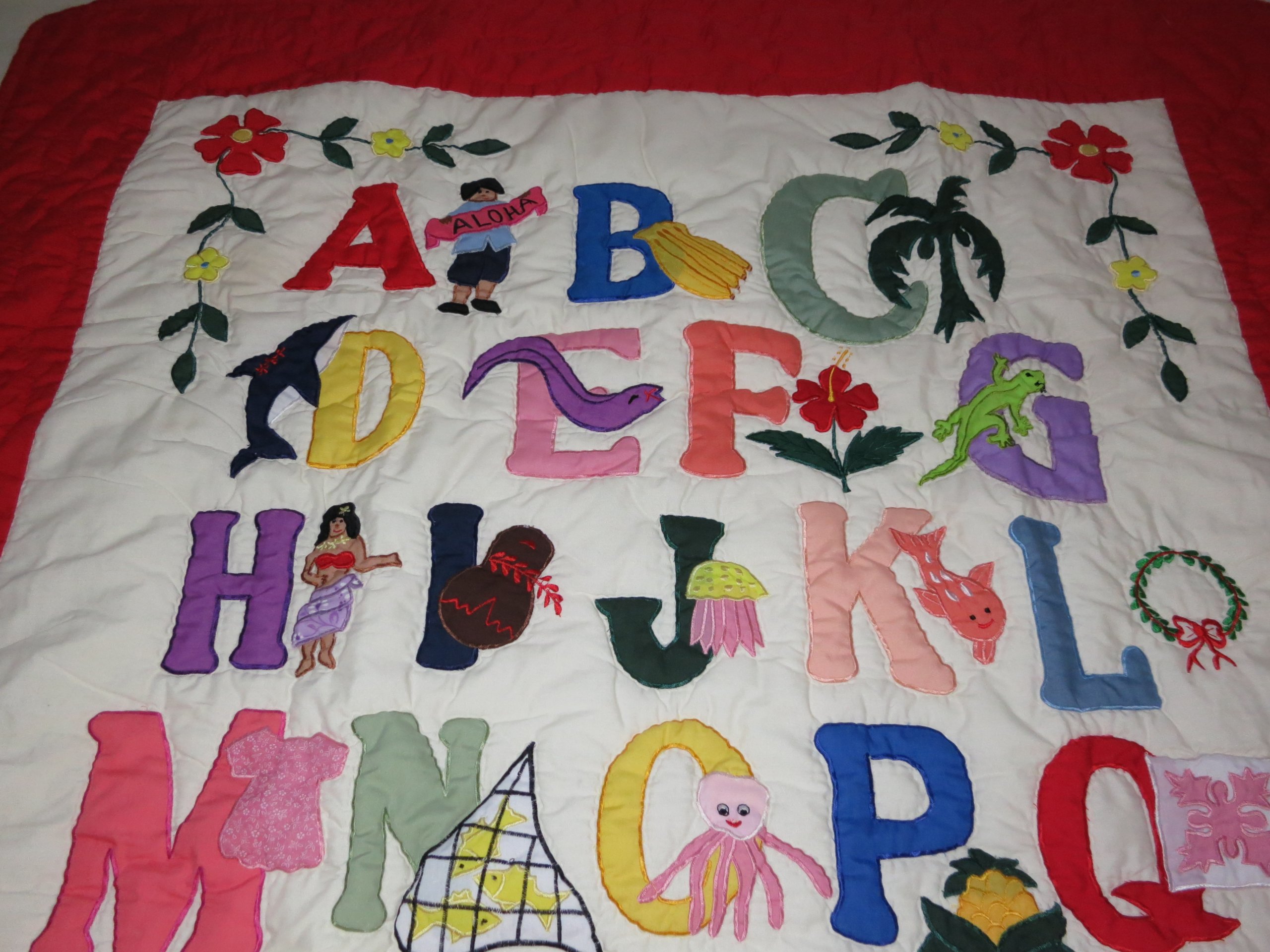 Hawaiian Style Quilt ABC Comforter Baby Blanket - Hand Quilted, Hand Appliqued & Machine Embroidered - Soft Nursery Bedding, Wall Hanging Decor for Baby Shower Gift & Home Decoration