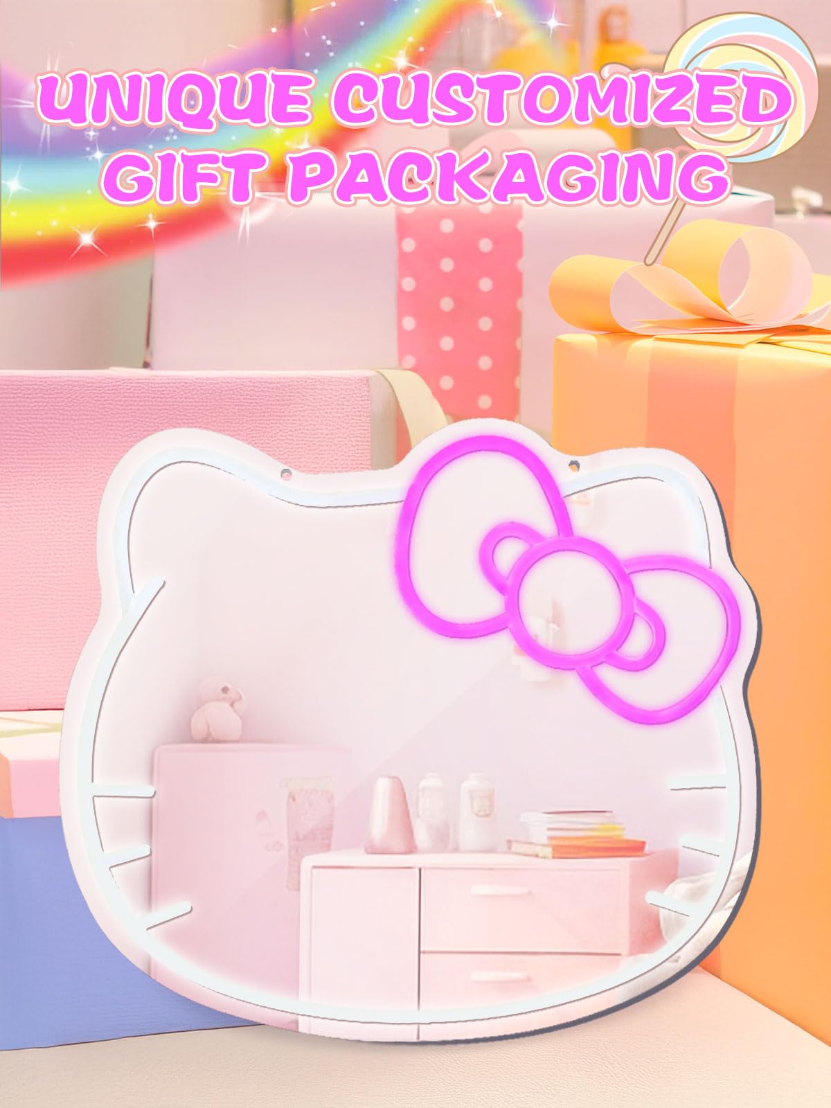 Anime Neon LED Vanity Mirror with Remote - Makeup Mirror for Bedroom, Teen Girl Gift - Birthday, Christmas, Halloween, Thanksgiving Decoration - Perfect for Cosplay, Dressing Room & TikTok Room Decor