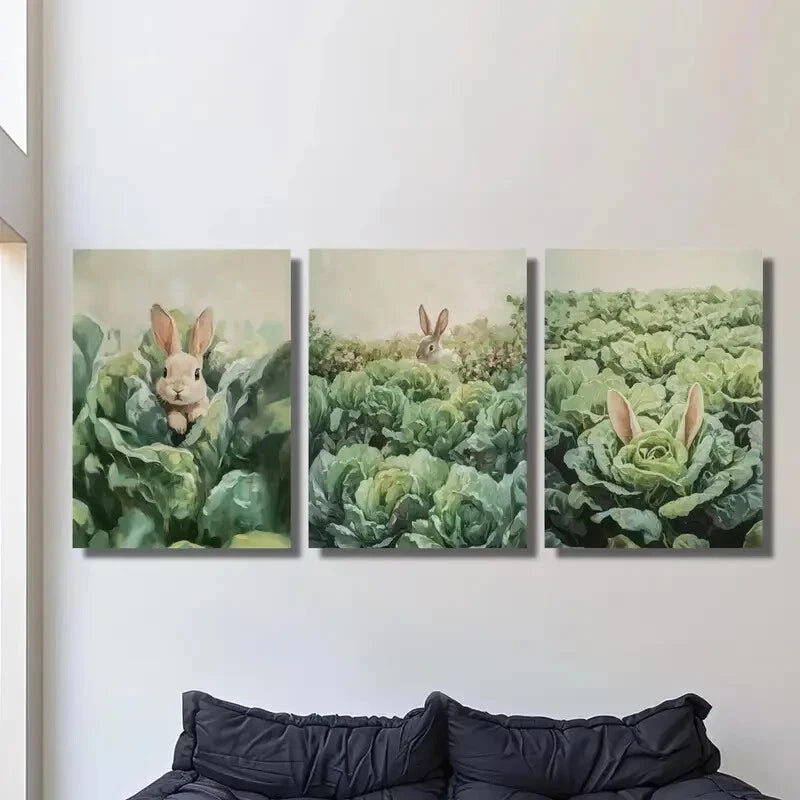 3pcs Rabbit in Vegetable Garden Metal Wall Art - Ready to Hang Home Decor for Living Room, Bedroom & Nursery
