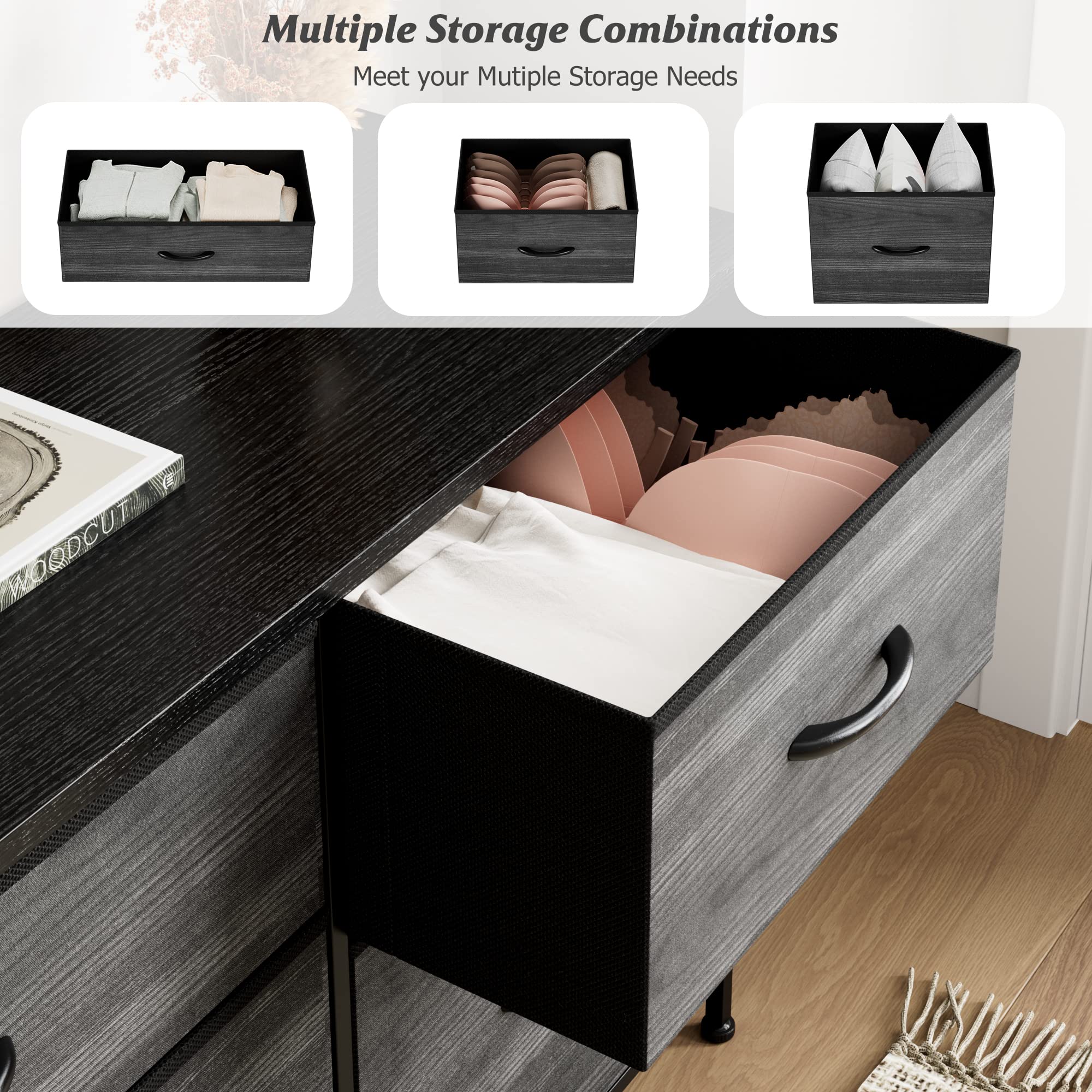 Modern 5-Drawer Black Dresser for Bedroom - Wood Grain Print Kids Dresser with Sturdy Wood Top - Space-Saving Storage for Clothes, Toys & Nursery Essentials - Perfect for Bedrooms, Closets & Kids' Rooms