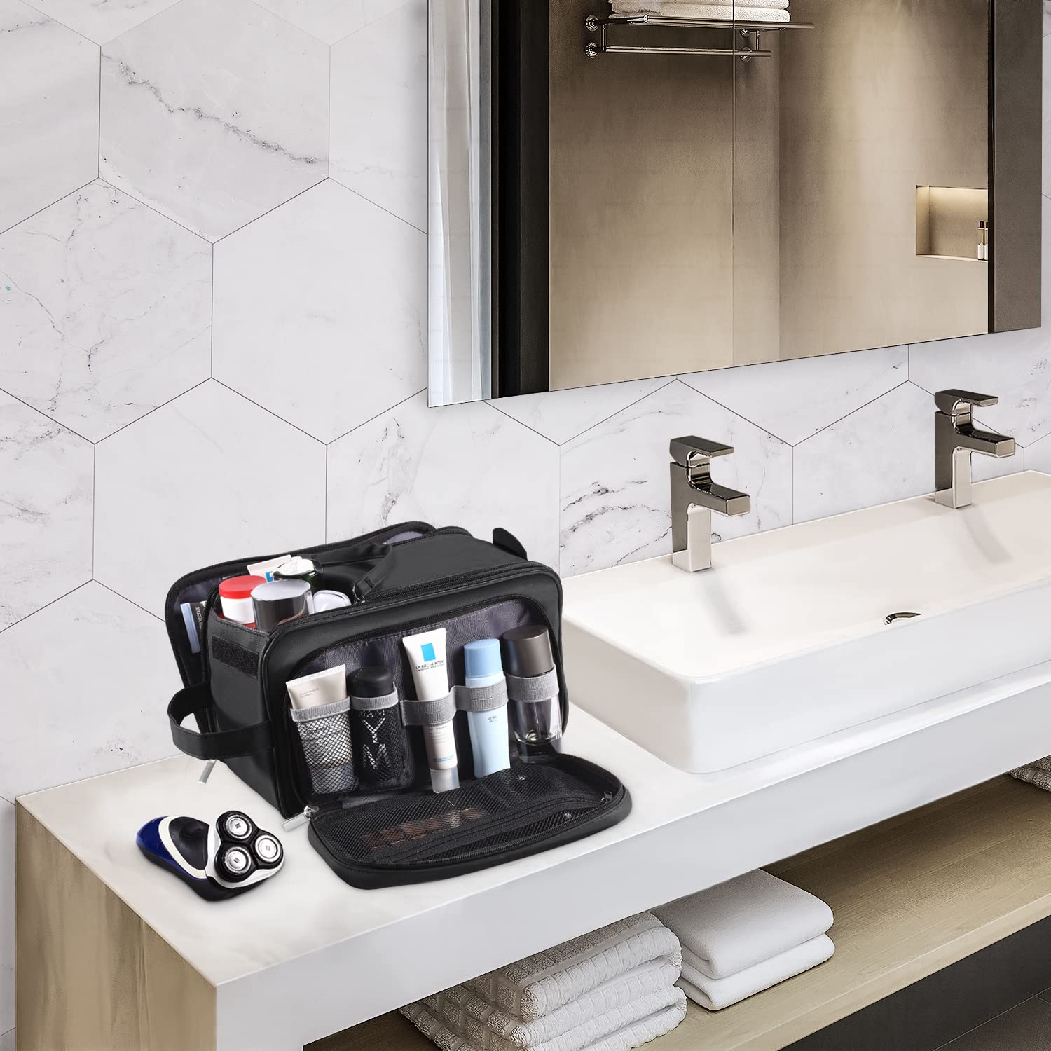 Buruis Extra Large Water-Resistant PU Leather Travel Toiletry Bag for Men - Shaving Dopp Kit & Cosmetic Organizer with Multiple Pockets (Black) - Perfect for Business Trips, Gym, Camping & Vacation Essentials