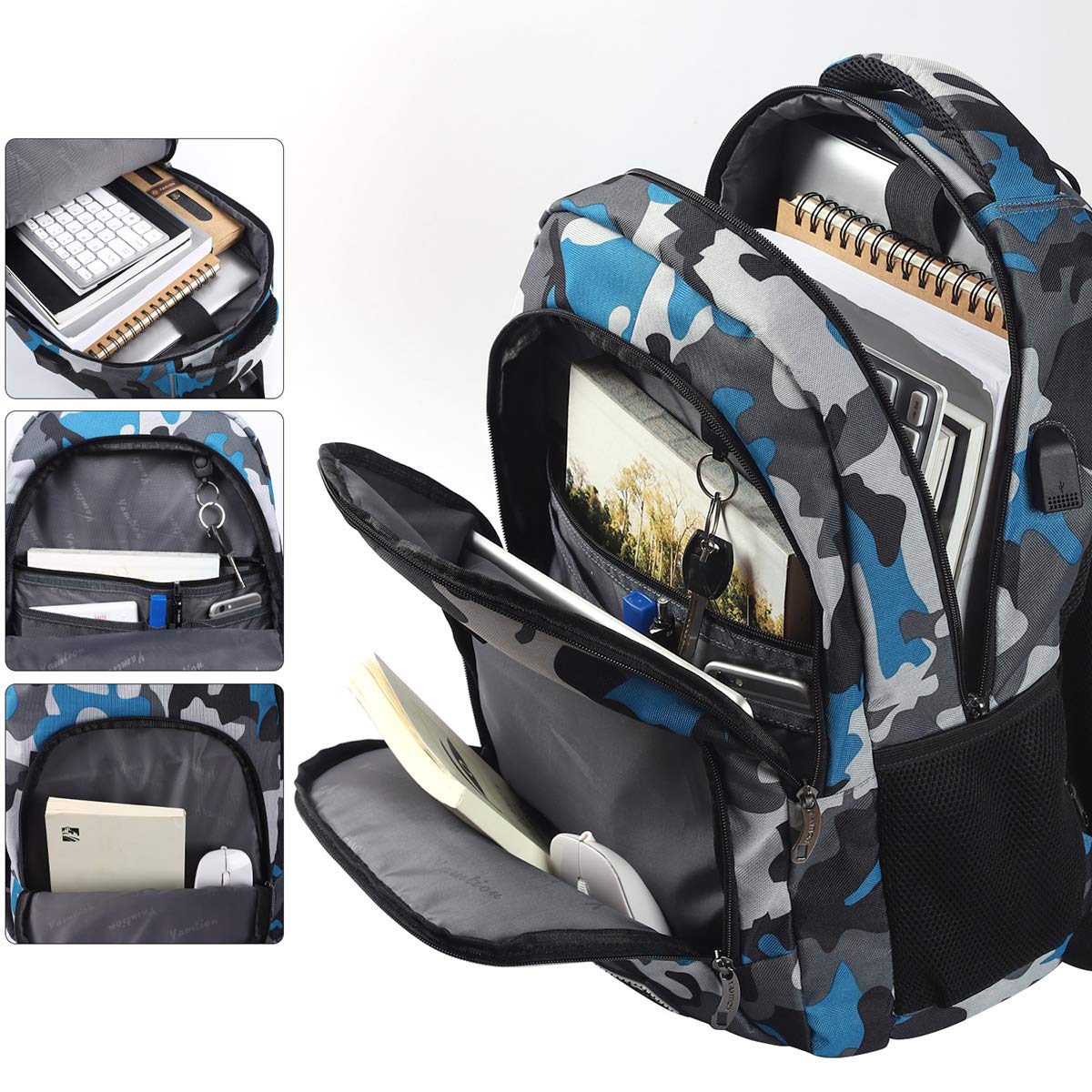 17 Inch School Backpack for Teen Boys & College Students - Durable Bookbag with USB Charging Port & Camouflage Blue Design - Perfect for High School, College, Travel & Daily Commute