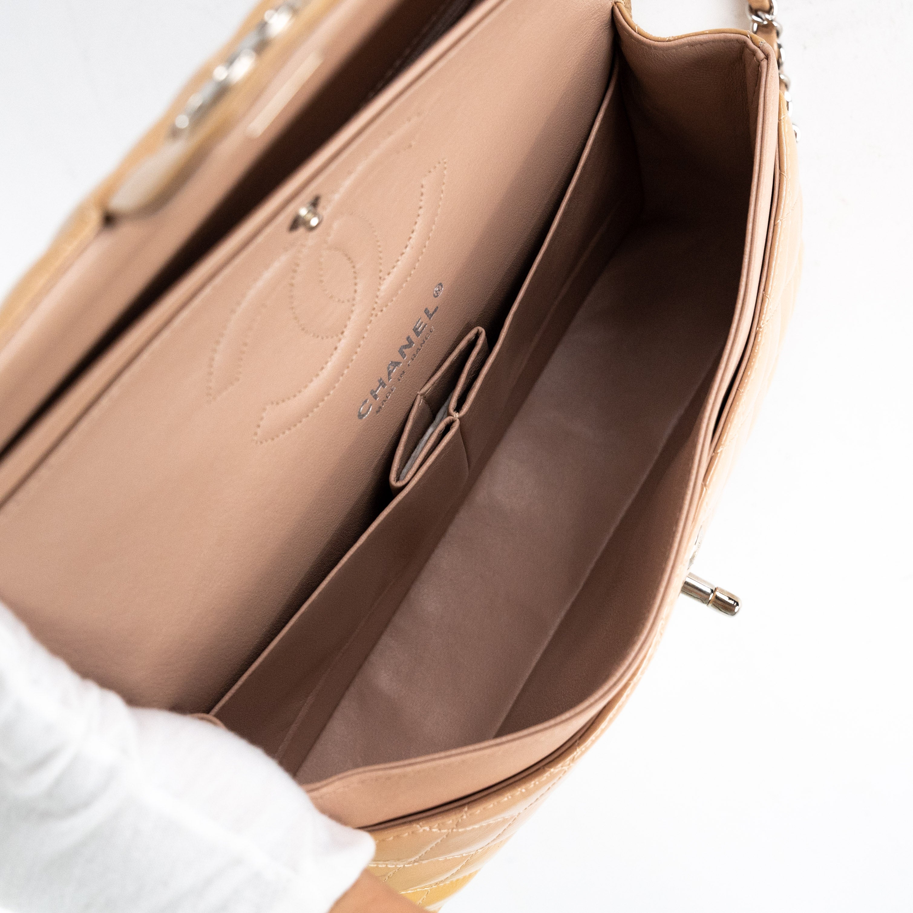 Chanel Patent Leather Medium Classic Flap Bag in Beige | Luxury Designer Handbag for Women | Perfect for Work, Evening Events & Special Occasions