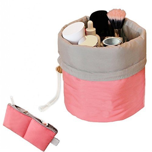 Waterproof Barrel Shaped Makeup Bag - Mini Cosmetic Pouch with Zipper & Free Transparent Bag - Travel, Gym, Beach Essentials Organizer