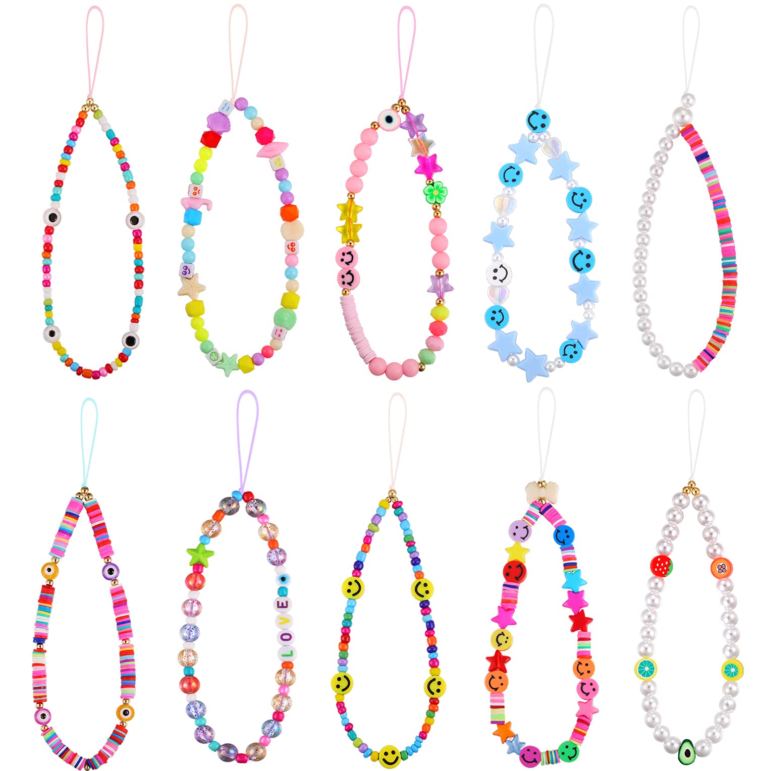 6PCS Smiley Face Beaded Phone Charms - Stylish Phone Lanyard & Keychain for Women & Girls, Perfect for Daily Use, Travel, and School Accessories