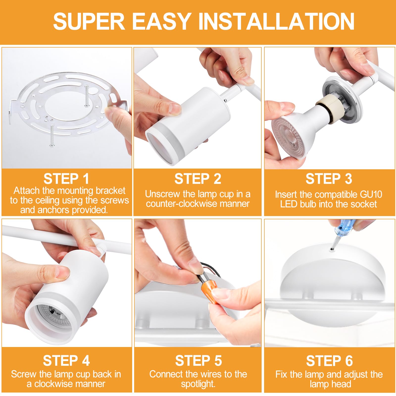 6-Light LED Track Lighting Kit - Flexible Rotatable GU10 Fixtures for Ceiling, Matte White (Bulbs Not Included) - Perfect for Kitchen Lighting, Home Office, Laundry Room & Modern Interior Design