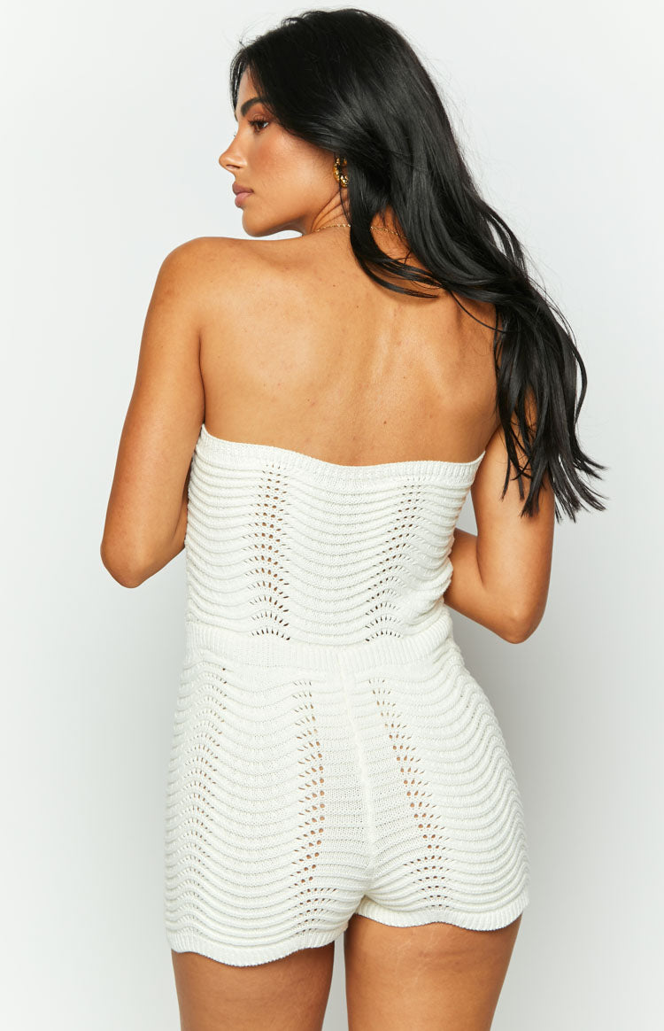 Athens White Knit Playsuit for Women - Stylish Summer Jumpsuit with Short Sleeves & Elastic Waist | Perfect for Beach Vacations, Music Festivals, and Casual Outings