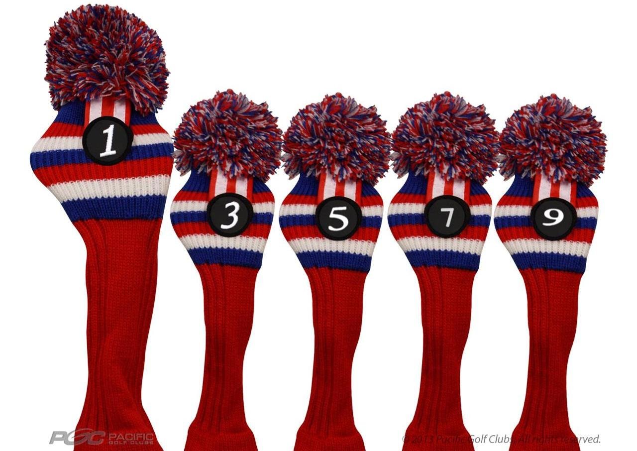 Vintage Knit Golf Club Head Covers Set (1,3,5,7,9) - Red White & Blue Retro Pom Pom Design | Perfect for Classic Golf Bags & Throwback Style on the Course