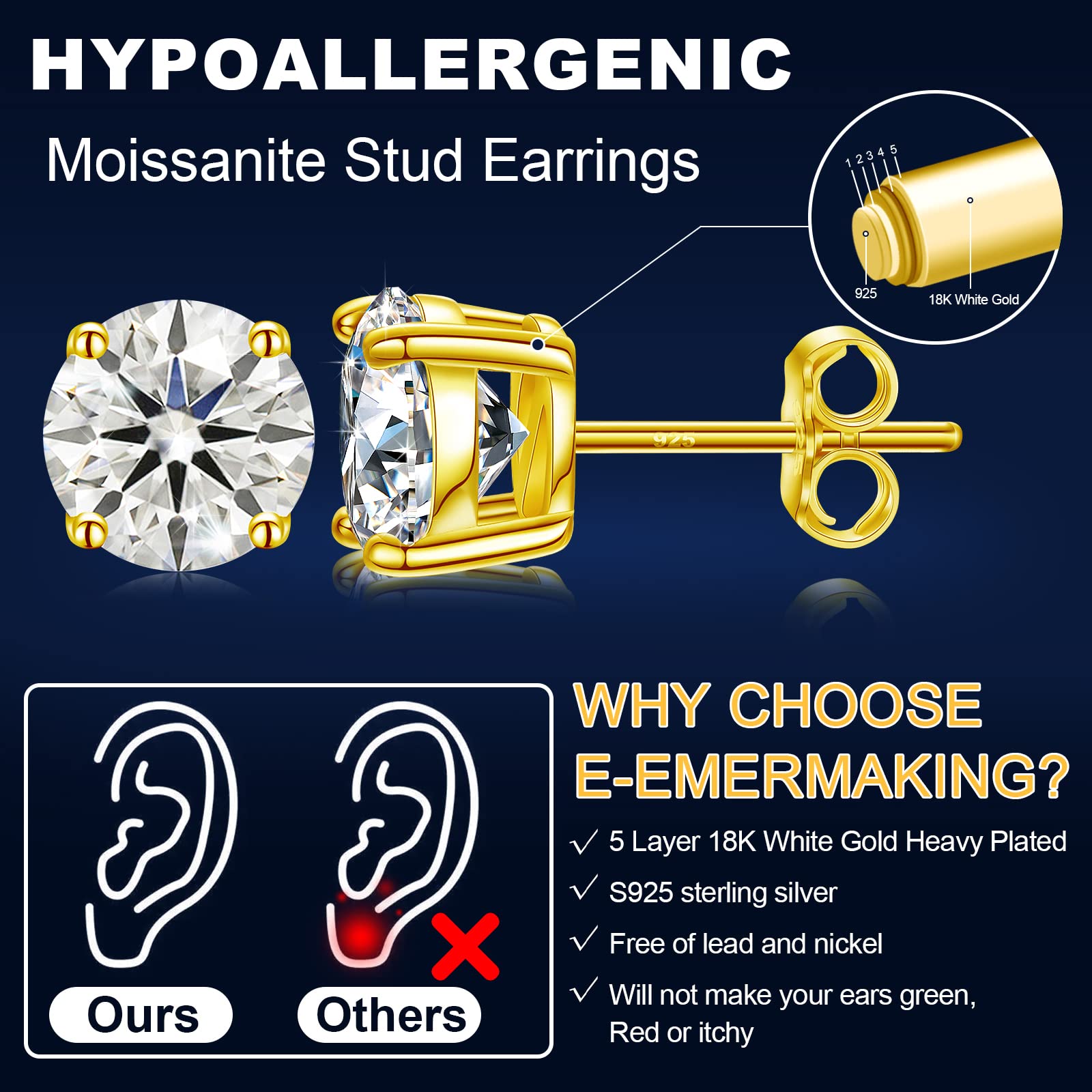 Hypoallergenic Moissanite Stud Earrings 0.2CT-8.0CT | D Color VVS1 Clarity Round Cut Lab-Created Diamond Alternative | 18K Gold Plated & 925 Sterling Silver | Anniversary & Everyday Jewelry Gift for Women & Men | Perfect for Weddings, Parties & Professional Occasions