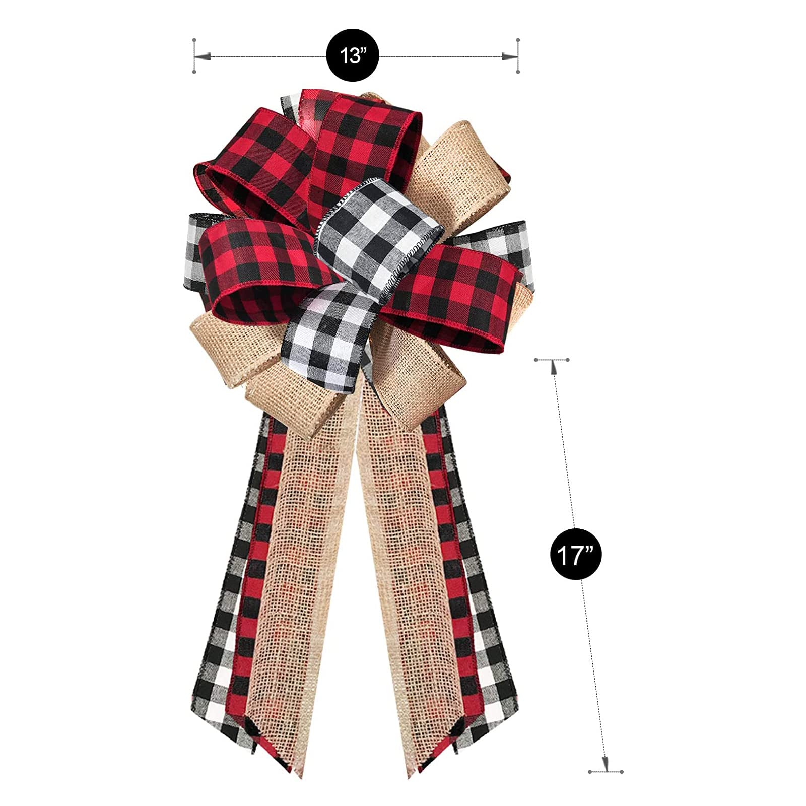 Red and Black Buffalo Plaid Christmas Tree Topper Bow with Streamers - Rustic Burlap Wreath Bow for Farmhouse Holiday Decor, Xmas Tree Topper, Christmas Party & Home Decoration (Red Plaid) - Perfect for Fireplace Mantels, Front Door Wreaths & Festive Tablescapes