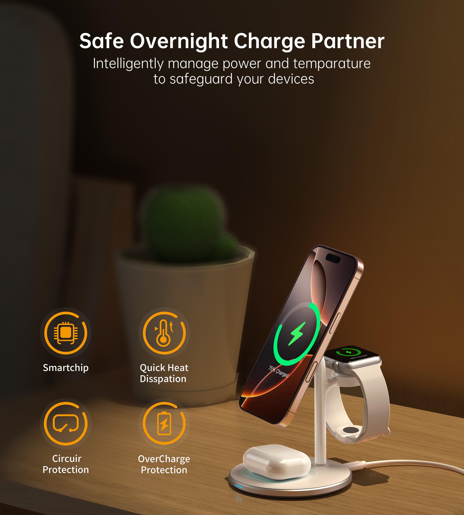 3-in-1 Wireless Charging Station for iPhone 16/15/14/13/12 Pro Max/Plus/Pro/Mini, Apple Watch Ultra 1/2/S9/S8 & AirPods - 15W Fast MagSafe Charger Stand with 20W Adapter - Perfect for Home, Office & Nightstand Charging