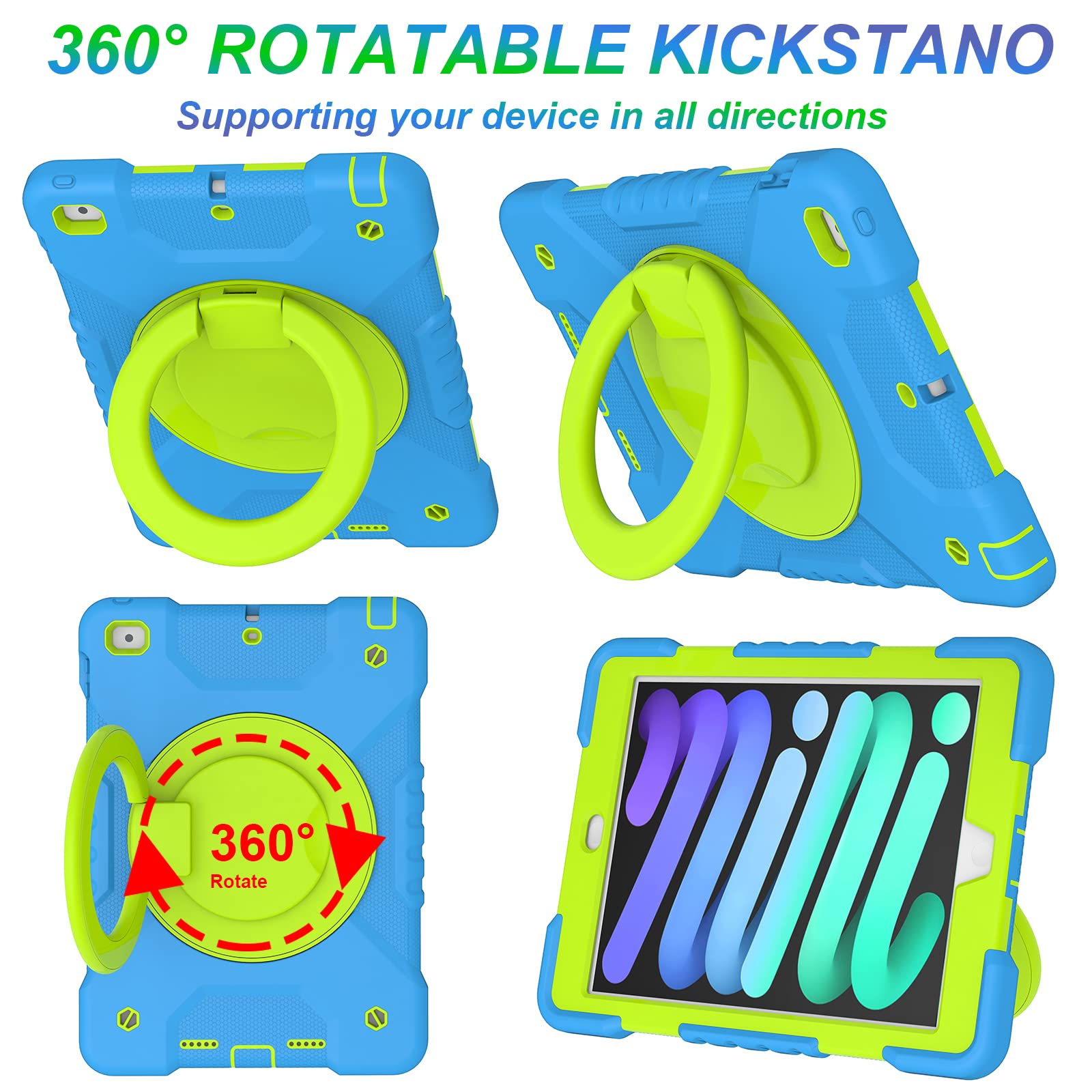 Premium Heavy Duty Protective Case for iPad 6th/5th Generation 9.7 inch (2018/2017) & iPad Air 2/Pro 9.7 inch - Shockproof Cover with Built-in Pencil Holder, Adjustable Shoulder Strap & 360° Rotating Handle Stand (Blue & Green) - Perfect for Travel, Work & School Use