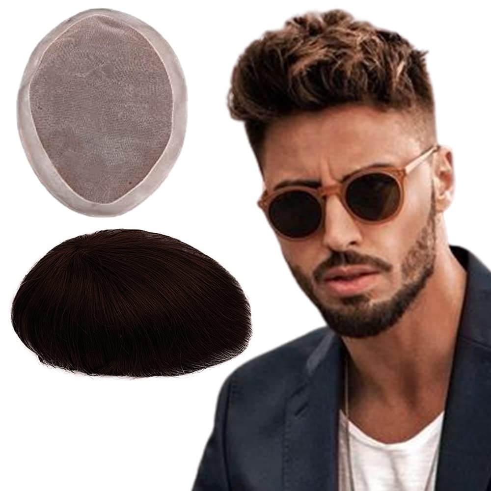Premium 8”x6” European Human Hair Toupee for Men - Mono Lace Top with Durable PU Edge, Medium Light Density (#4 Medium Brown) | Natural Looking Hair Replacement for Thinning Hair & Baldness | Perfect for Daily Wear, Special Occasions & Professional Settings