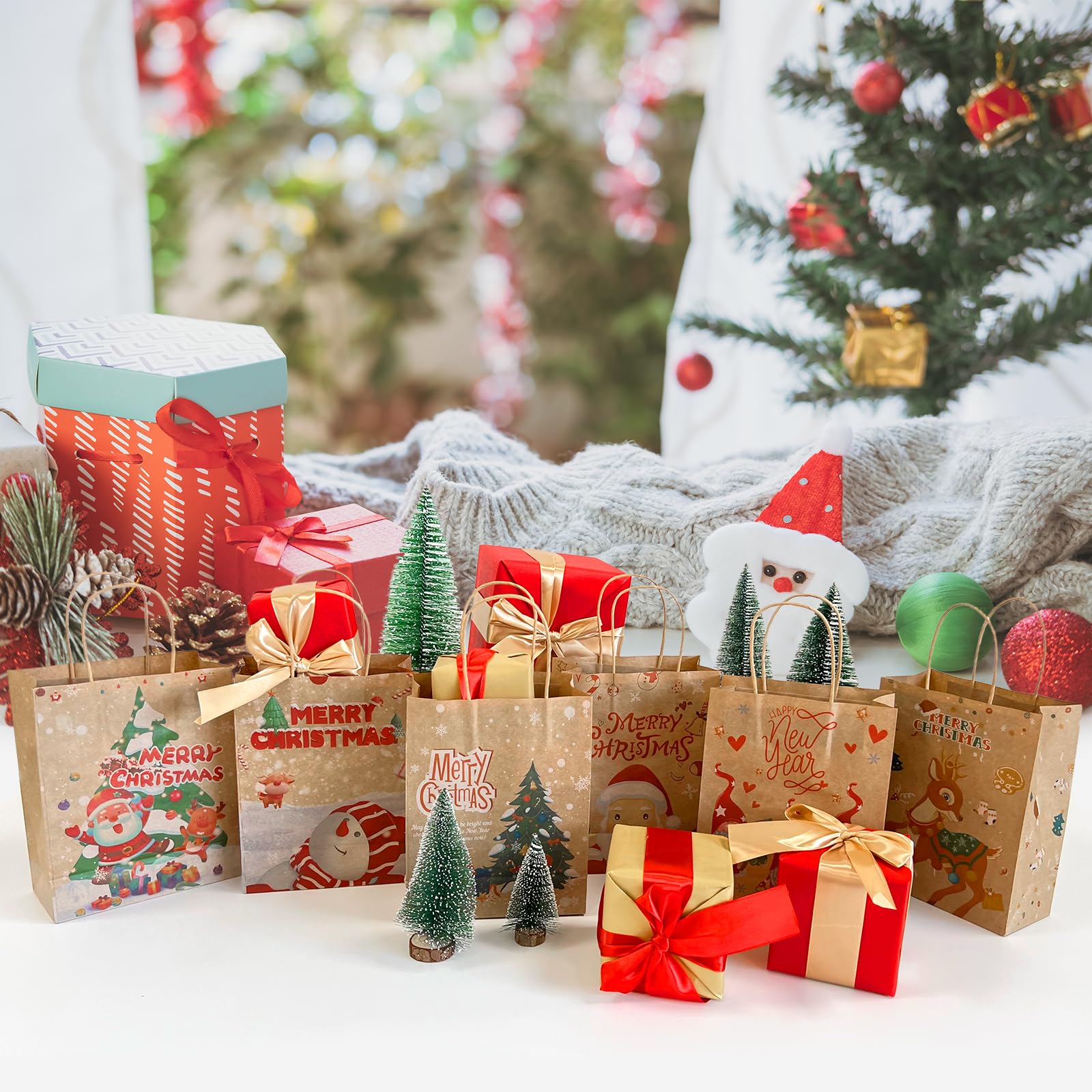 24Pcs Christmas Kraft Gift Bags with Handles - Bulk Holiday Paper Gift Bags for Party Favors, Presents & Decorations - 6 Festive Designs for Christmas, Xmas Parties & Gift Wrapping (Medium Size)