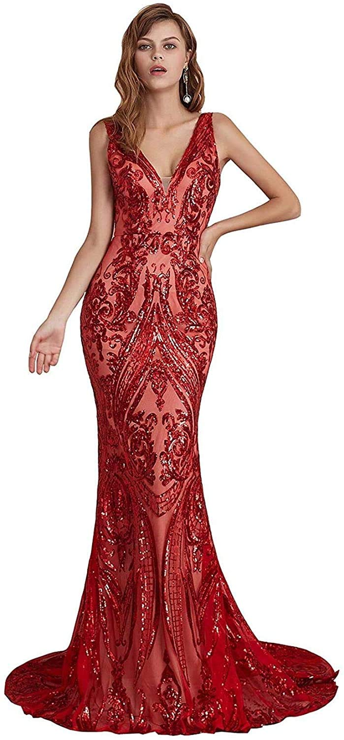 Sexy Mermaid Prom Dress for Women - Sequin V-Neck Sleeveless Evening Gown for Bride, Party, Prom & Celebrity Events | Perfect for Formal Occasions, Weddings, Red Carpet & Special Night Out