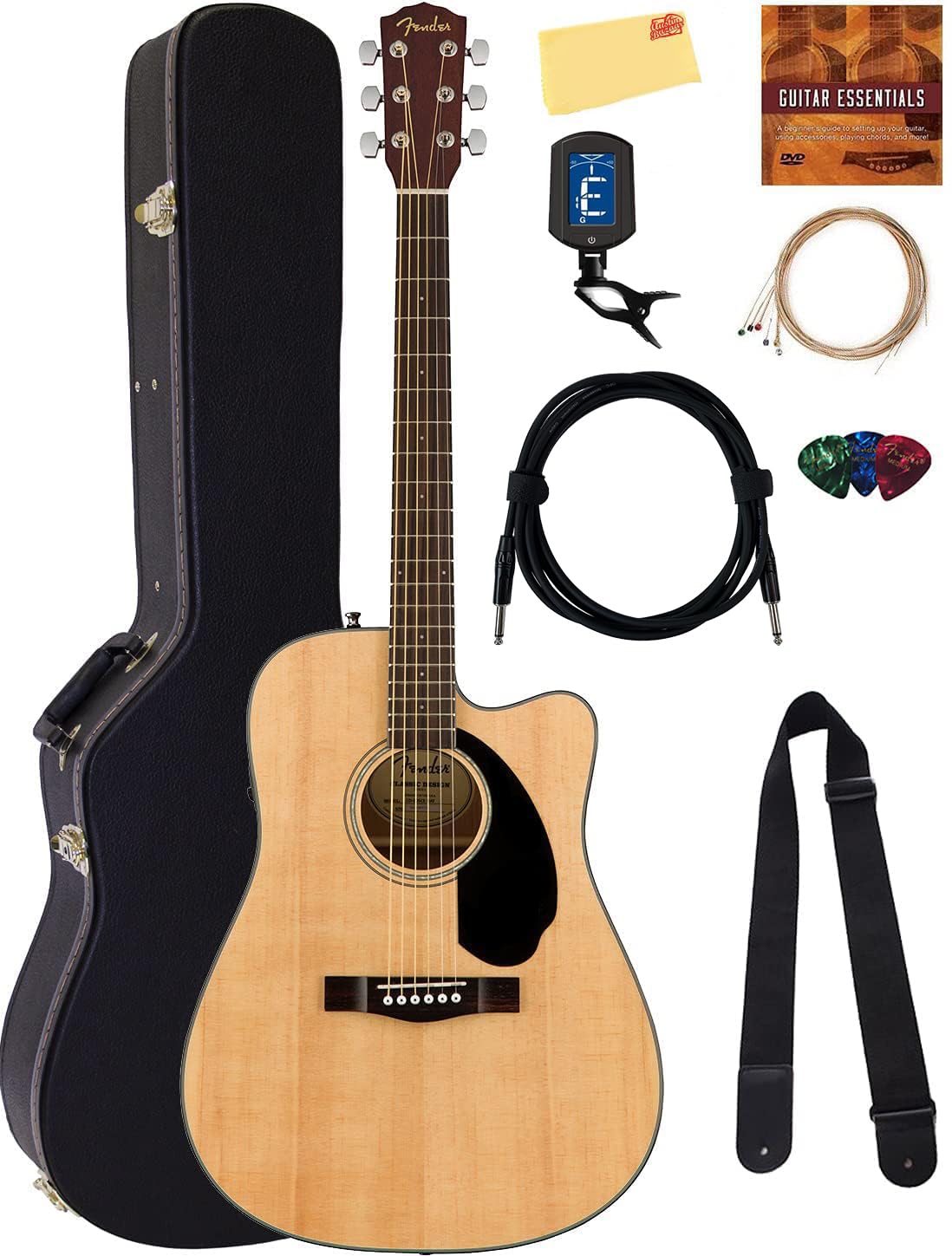 Fender CD-60SCE Solid Top Dreadnought Acoustic-Electric Guitar Bundle - Natural Finish with Hard Case, Tuner, Strap & Accessories | Perfect for Beginners, Live Performances & Home Practice