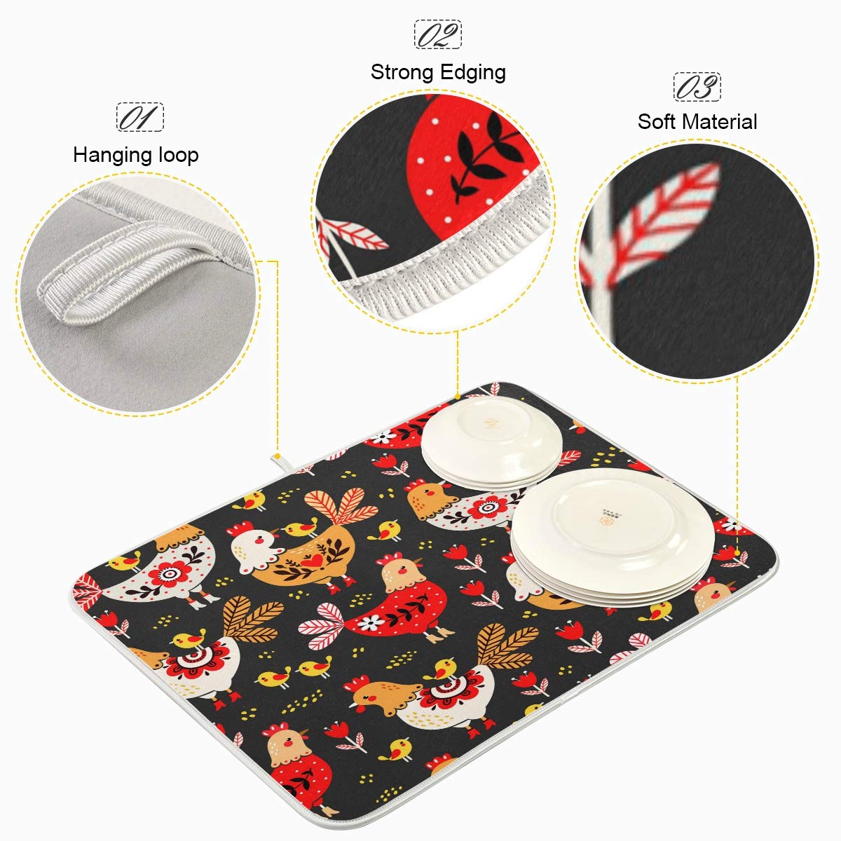 Susiyo Super Absorbent Microfiber Dish Drying Mat - Cute Rooster Chicken Design, Heat-Resistant Kitchen Counter Mat (18x24 Inch) for Drying Dishes, Utensils & Cookware | Perfect for Kitchen Countertops, Sink Areas & Dish Rack Protection
