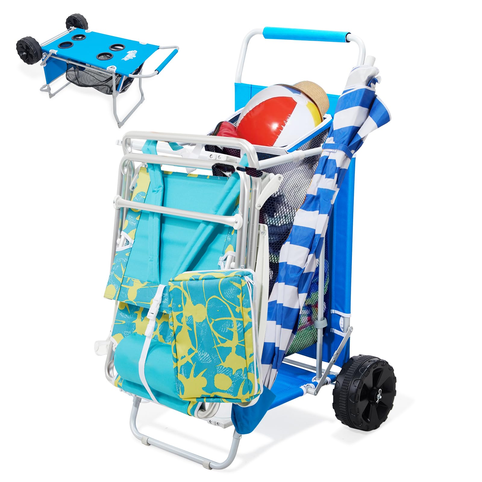 **Heavy Duty Collapsible Beach Cart with Large Sand Wheels - 100lb Capacity Folding Utility Wagon with 4 Cup Holders & Spacious Mesh Storage | Perfect for Beach Trips, Camping, Picnics & Grocery Shopping (Blue)**